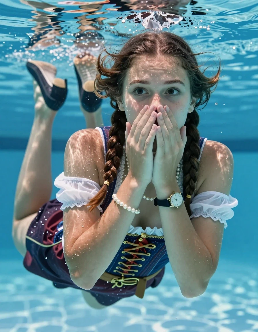 photo of young woman, in soaking wet, drenched clothes,
Heels, N, Short Dirndl, Shoulderbag, pearl necklace, bracelet, wristwatch , Swimming half submerged underwater in swimming pool , 
enjoying, wet clothes stuck to body,
detailed textures of the wet clothes, wet face, wet plastered hair,
wet, drenched, professional, high-quality details, full body view.
sharp focus, ultra-high pixel detail, realistic, high-quality, full colors, incredibly detailed, 4k, 8k, 16k, hyper-realistic, RAW photo, masterpiece, ultra-detailed, professionally color graded, professional photograph, Two sleek long braids

15 years old  teenage girl

Covers her nose with her hands. Looking slightly away. Open mouth, big eyes.

she is completely underwater up to her neck, afraid and astonished expression. 

Swimming movements with Arms and legs. Breast swimming.

her submerged clothes are hardly vusible under water, she soaked her handbag into the water

close up view, wet skin, wet clothes, wet hair, damp fabric, water runs down the clothes, wet skin, wet clothes, damp fabric, wet skin, wet clothes, damp fabric, wet skin, wet clothes, damp fabric, wet skin, wet clothes, damp fabric, wet skin, wet clothes, damp fabric, wet skin, wet clothes, damp fabric, wet skin, wet clothes, damp fabric, wet skin, wet clothes, damp fabric, wet skin, wet clothes, damp fabric, wet skin, wet clothes, damp fabric, wet skin, wet clothes, damp fabric, wet skin, wet clothes, damp fabric, wet skin, wet clothes, damp fabric, wet skin, wet clothes, damp fabric, wet skin, wet clothes, damp fabric, wet skin, wet clothes, damp fabric, wet skin, wet clothes, damp fabric, wet skin, wet clothes, damp fabric, wet skin, wet clothes, damp fabric, wet skin, wet clothes, damp fabric, wet skin, wet clothes, damp fabric, wet skin, wet clothes, damp fabric, wet skin, wet clothes, damp fabric, wet skin, wet clothes, damp fabric