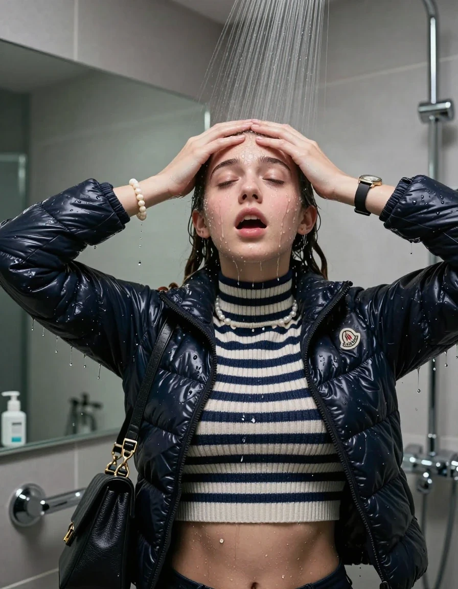 photo of young woman, in soaking wet, drenched clothes,
, , Moncler puffer down jacket, tight striped knit turtleneck sweater belly free, handbag, pearl necklace, bracelet, wristwatch, Under the shower, strong jet of water, modern mirrored bathroom, 
enjoying, wet clothes stuck to body,
detailed textures of the wet clothes, wet face, wet plastered hair,
wet, drenched, professional, high-quality details, full body view.
sharp focus, ultra-high pixel detail, realistic, high-quality, full colors, incredibly detailed, 4k, 8k, 16k, hyper-realistic, RAW photo, masterpiece, ultra-detailed, professionally color graded, professional photograph, Two pigtails

15 years old  teenage girl

Only head and shoulders are over the surface visible. Open mouth, closed eyes. Looking up. Hold her hands over her forehead.

she is completely underwater up to her neck, afraid and astonished expression. 

her submerged clothes are hardly vusible under water, she soaked her handbag into the water

close up view, wet skin, wet clothes, wet hair, damp fabric, water runs down the clothes, wet skin, wet clothes, damp fabric., wet skin, wet clothes, damp fabric, wet skin, wet clothes, damp fabric, wet skin, wet clothes, damp fabric