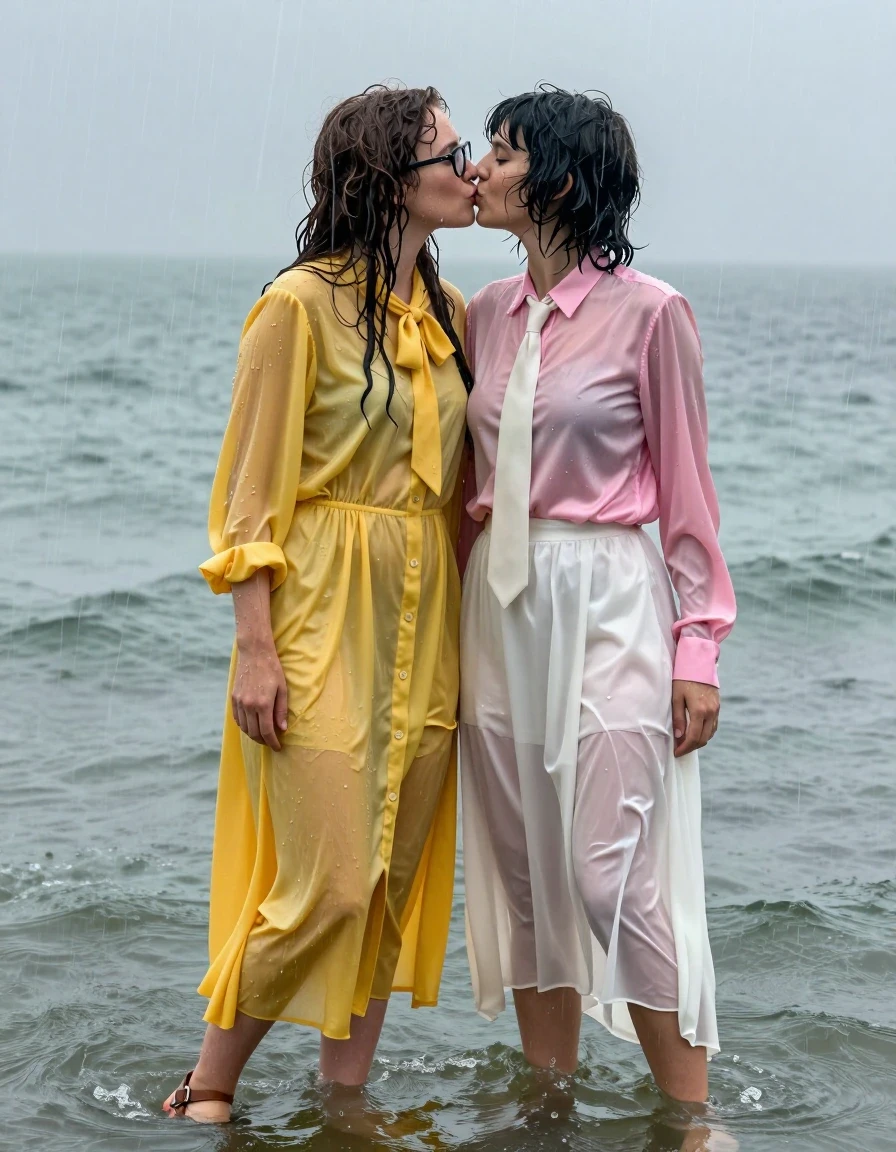 photo of young woman, in soaking wet, drenched clothes,
sandals, both: floor-length long dress or skirt, 1st long curly haired woman: glasses, oversized  floor-length yellow buttoned-down nylon dress with bowtie; 2nd Beatles haired woman: pink long-sleeved satin blouse with white necktie,  floor-length white silk skirt, sea, submerged until waist, 
enjoying, wet clothes stuck to body,
detailed textures of the wet clothes, wet face, wet plastered hair,
wet, drenched, professional, high-quality details, full body view.
sharp focus, ultra-high pixel detail, realistic, high-quality, full colors, incredibly detailed, 4k, 8k, 16k, hyper-realistic, RAW photo, masterpiece, ultra-detailed, professionally color graded, professional photograph, lesbian nerdy teachers are kissing during a huge rainstorm, wet skin, wet clothes, damp fabric, wet skin, wet clothes, damp fabric