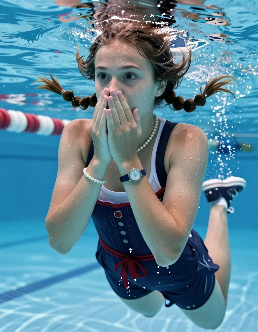 photo of young woman, in soaking wet, drenched clothes,
Converse, , Short Dirndl, Shoulderbag, pearl necklace, bracelet, wristwatch , Swimming half submerged underwater in swimming pool , 
enjoying, wet clothes stuck to body,
detailed textures of the wet clothes, wet face, wet plastered hair,
wet, drenched, professional, high-quality details, full body view.
sharp focus, ultra-high pixel detail, realistic, high-quality, full colors, incredibly detailed, 4k, 8k, 16k, hyper-realistic, RAW photo, masterpiece, ultra-detailed, professionally color graded, professional photograph, Two sleek long braids

15 years old  teenage girl

Covers her nose with her hands. Looking slightly away. Open mouth, big eyes.

she is completely underwater up to her neck, afraid and astonished expression. 

Swimming movements with Arms and legs. Breast swimming.

her submerged clothes are hardly vusible under water, she soaked her handbag into the water

close up view, wet skin, wet clothes, wet hair, damp fabric, water runs down the clothes, wet skin, wet clothes, damp fabric, wet skin, wet clothes, damp fabric, wet skin, wet clothes, damp fabric, wet skin, wet clothes, damp fabric, wet skin, wet clothes, damp fabric, wet skin, wet clothes, damp fabric, wet skin, wet clothes, damp fabric, wet skin, wet clothes, damp fabric, wet skin, wet clothes, damp fabric, wet skin, wet clothes, damp fabric, wet skin, wet clothes, damp fabric, wet skin, wet clothes, damp fabric, wet skin, wet clothes, damp fabric, wet skin, wet clothes, damp fabric, wet skin, wet clothes, damp fabric, wet skin, wet clothes, damp fabric, wet skin, wet clothes, damp fabric, wet skin, wet clothes, damp fabric, wet skin, wet clothes, damp fabric, wet skin, wet clothes, damp fabric, wet skin, wet clothes, damp fabric, wet skin, wet clothes, damp fabric, wet skin, wet clothes, damp fabric, wet skin, wet clothes, damp fabric