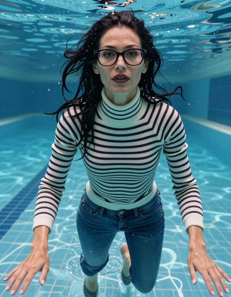 photo of young woman, in soaking wet, drenched clothes,
shoes, long blue jeans, white & black striped high-neck sweater with long sleeves, Swimming half submerged underwater in swimming pool, enjoying wet clothes stuck body, enjoying, wet clothes stuck to body, 
enjoying, wet clothes stuck to body,
detailed textures of the wet clothes, wet face, wet plastered hair,
wet, drenched, professional, high-quality details, full body view.
sharp focus, ultra-high pixel detail, realistic, high-quality, full colors, incredibly detailed, 4k, 8k, 16k, hyper-realistic, RAW photo, masterpiece, ultra-detailed, professionally color graded, professional photograph, europen brunette skinny woman 50 years old, long dark black hair, very big and thick lips,  office glasses, complete body, wet skin, wet clothes, damp fabric, wet skin, wet clothes, damp fabric, wet skin, wet clothes, damp fabric, wet skin, wet clothes, damp fabric, wet skin, wet clothes, damp fabric
