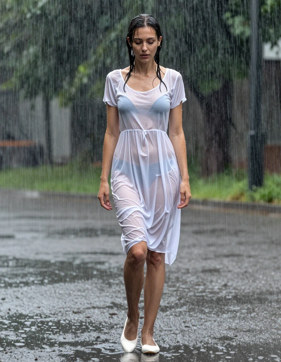 photo of young woman, in soaking wet, drenched clothes,
White Flats, brown Pantyhose,  , long white sheer summer dress, , 
enjoying, wet clothes stuck to body,
detailed textures of the wet clothes, wet face, wet plastered hair,
wet, drenched, professional, high-quality details, full body view.
sharp focus, ultra-high pixel detail, realistic, high-quality, full colors, incredibly detailed, 4k, 8k, 16k, hyper-realistic, RAW photo, masterpiece, ultra-detailed, professionally color graded, professional photograph, Extremely slender girl is standing in very heavy Rainstorm. She is completely soaked from head to toe. Water runs over her body, and the dress clings to her., wet skin, wet clothes, damp fabric