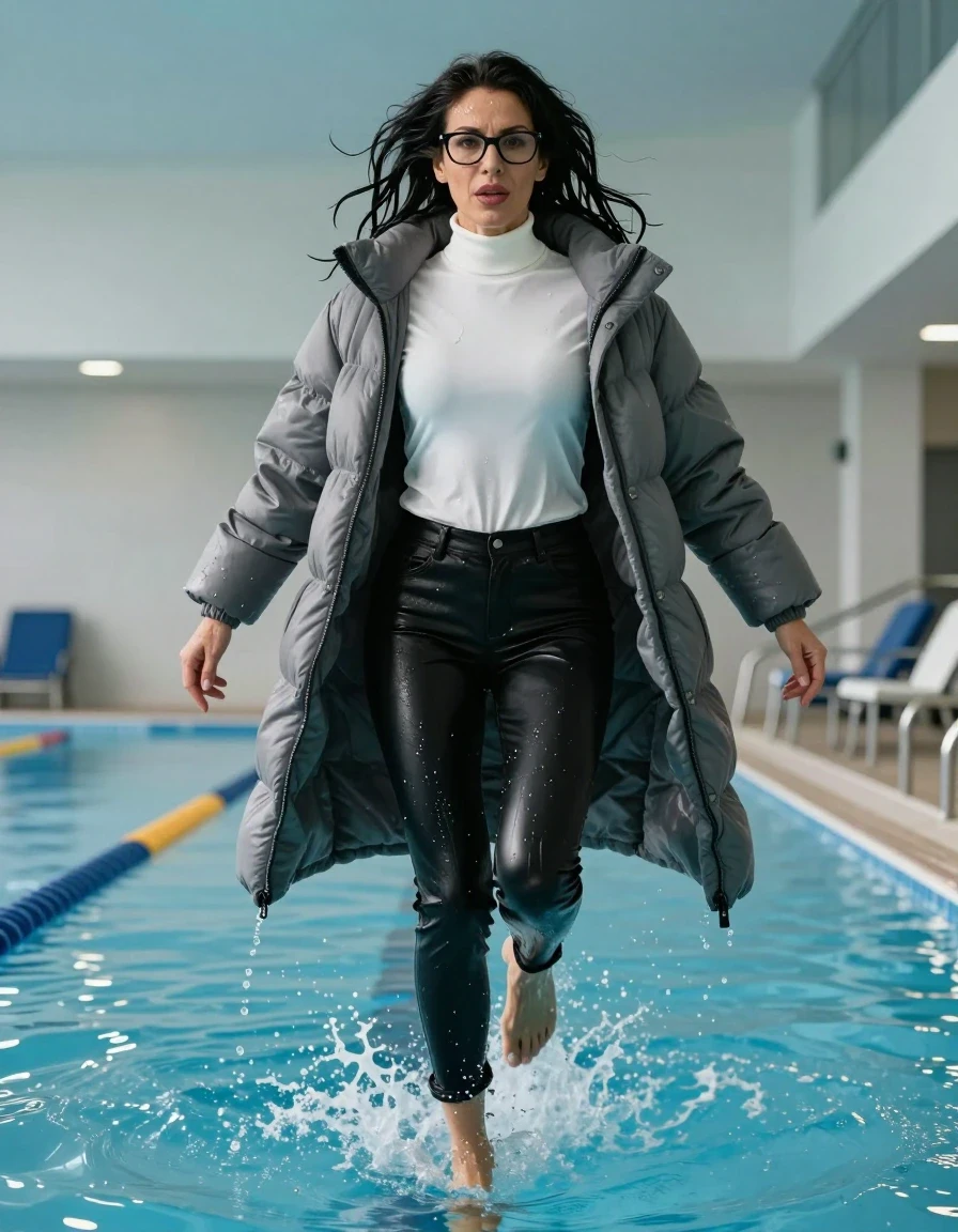photo of young woman, in soaking wet, drenched clothes,
shoes, long black leather trousers, white high-neck sweater with long sleeves, maxi gray down jacket, jump in indoor swimming pool, enjoying wet clothes stuck body, enjoying, wet clothes stuck to body, 
enjoying, wet clothes stuck to body,
detailed textures of the wet clothes, wet face, wet plastered hair,
wet, drenched, professional, high-quality details, full body view.
sharp focus, ultra-high pixel detail, realistic, high-quality, full colors, incredibly detailed, 4k, 8k, 16k, hyper-realistic, RAW photo, masterpiece, ultra-detailed, professionally color graded, professional photograph, europen brunette skinny woman 50 years old, long dark black hair, very big and thick lips,  office glasses, complete body, wet skin, wet clothes, damp fabric, wet skin, wet clothes, damp fabric, wet skin, wet clothes, damp fabric, wet skin, wet clothes, damp fabric, wet skin, wet clothes, damp fabric