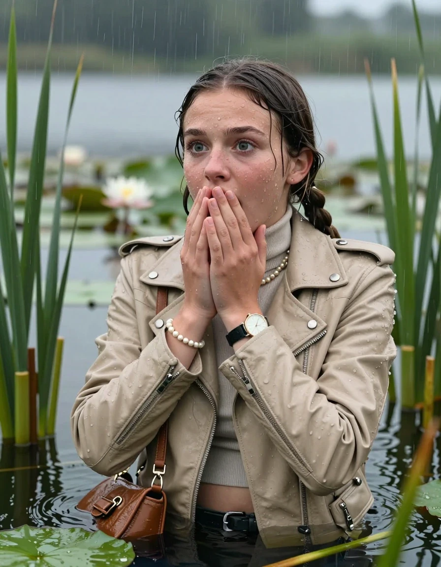 photo of young woman, in soaking wet, drenched clothes,
, , Beige biker leatherjacket, tight turtleneck sweater with wide neckline belly free, handbag, pearl necklace, bracelet, wristwatch , Emerging after diving in a lake with water lilies and reeds, rain , 
enjoying, wet clothes stuck to body,
detailed textures of the wet clothes, wet face, wet plastered hair,
wet, drenched, professional, high-quality details, full body view.
sharp focus, ultra-high pixel detail, realistic, high-quality, full colors, incredibly detailed, 4k, 8k, 16k, hyper-realistic, RAW photo, masterpiece, ultra-detailed, professionally color graded, professional photograph, Pigtails

15 years old  teenage girl

Laying her breast on the surface.  Looking slightly away. Hold her hands on her mouth.Open mouth, big eyes.

she is completely underwater up to her neck, afraid and astonished expression. 

She hides in the reeds and is surprised by spectators

her submerged clothes are hardly vusible under water, she soaked her handbag into the water

close up view, wet skin, wet clothes, wet hair, damp fabric, water runs down the clothes, wet skin, wet clothes, damp fabric., wet skin, wet clothes, damp fabric, wet skin, wet clothes, damp fabric