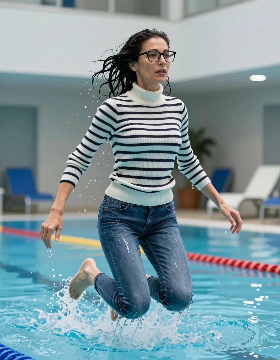 photo of young woman, in soaking wet, drenched clothes,
shoes, long blue jeans, white & black striped high-neck sweater with long sleeves, jump in indoor swimming pool, enjoying wet clothes stuck body, enjoying, wet clothes stuck to body, 
enjoying, wet clothes stuck to body,
detailed textures of the wet clothes, wet face, wet plastered hair,
wet, drenched, professional, high-quality details, full body view.
sharp focus, ultra-high pixel detail, realistic, high-quality, full colors, incredibly detailed, 4k, 8k, 16k, hyper-realistic, RAW photo, masterpiece, ultra-detailed, professionally color graded, professional photograph, europen brunette skinny woman 50 years old, long dark black hair, very big and thick lips,  office glasses, complete body, wet skin, wet clothes, damp fabric, wet skin, wet clothes, damp fabric, wet skin, wet clothes, damp fabric, wet skin, wet clothes, damp fabric, wet skin, wet clothes, damp fabric