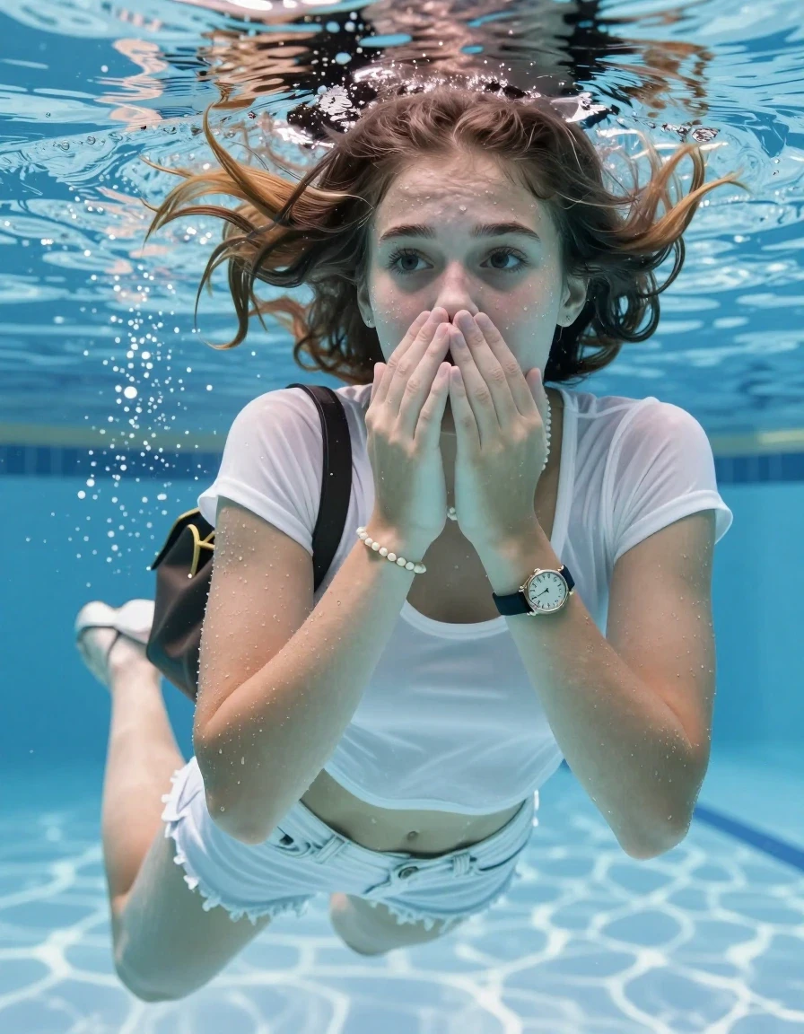 photo of young woman, in soaking wet, drenched clothes,
Heels, White mini , Denim jacket, tight sexy tshirt with wide neckline belly free, shoulderbag, pearl necklace, bracelet, wristwatch , Swimming underwater in swimming pool, only head is visible over surface, 
enjoying, wet clothes stuck to body,
detailed textures of the wet clothes, wet face, wet plastered hair,
wet, drenched, professional, high-quality details, full body view.
sharp focus, ultra-high pixel detail, realistic, high-quality, full colors, incredibly detailed, 4k, 8k, 16k, hyper-realistic, RAW photo, masterpiece, ultra-detailed, professionally color graded, professional photograph, sleek long straight hair 

15 years old  teenage girl

Covers her nose with her hands. Looking slightly away. Open mouth, big eyes.

she is completely underwater up to her neck, afraid and astonished expression. 

Swimming movements with Arms and legs. Breast swimming.

her submerged clothes are hardly vusible under water, she soaked her handbag into the water

close up view, wet skin, wet clothes, wet hair, damp fabric, water runs down the clothes, wet skin, wet clothes, damp fabric, wet skin, wet clothes, damp fabric, wet skin, wet clothes, damp fabric, wet skin, wet clothes, damp fabric, wet skin, wet clothes, damp fabric, wet skin, wet clothes, damp fabric, wet skin, wet clothes, damp fabric, wet skin, wet clothes, damp fabric, wet skin, wet clothes, damp fabric, wet skin, wet clothes, damp fabric, wet skin, wet clothes, damp fabric, wet skin, wet clothes, damp fabric, wet skin, wet clothes, damp fabric, wet skin, wet clothes, damp fabric, wet skin, wet clothes, damp fabric, wet skin, wet clothes, damp fabric, wet skin, wet clothes, damp fabric, wet skin, wet clothes, damp fabric, wet skin, wet clothes, damp fabric, wet skin, wet clothes, damp fabric, wet skin, wet clothes, damp fabric, wet skin, wet clothes, damp fabric, wet skin, wet clothes, damp fabric, wet skin, wet clothes, damp fabric