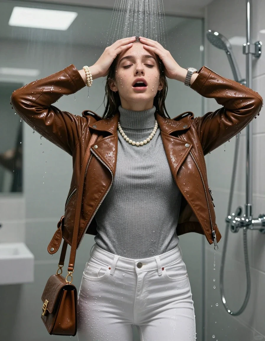 photo of young woman, in soaking wet, drenched clothes,
, Totaly wet tight white skinny jeans, Brown biker leatherjacket, tight grey knit turtleneck sweater belly free, handbag, pearl necklace, bracelet, wristwatch , Under the shower, strong jet of water, modern mirrored bathroom, 
enjoying, wet clothes stuck to body,
detailed textures of the wet clothes, wet face, wet plastered hair,
wet, drenched, professional, high-quality details, full body view.
sharp focus, ultra-high pixel detail, realistic, high-quality, full colors, incredibly detailed, 4k, 8k, 16k, hyper-realistic, RAW photo, masterpiece, ultra-detailed, professionally color graded, professional photograph, Sleek long straight hair with hairband

15 years old  teenage girl

Only head and shoulders are over the surface visible. Hold her hands over her forehead. Open mouth, closed eyes. Looking up.

she is completely underwater up to her neck, afraid and astonished expression. 

her submerged clothes are hardly vusible under water, she soaked her handbag into the water

close up view, wet skin, wet clothes, wet hair, damp fabric, water runs down the clothes, wet skin, wet clothes, damp fabric., wet skin, wet clothes, damp fabric, wet skin, wet clothes, damp fabric