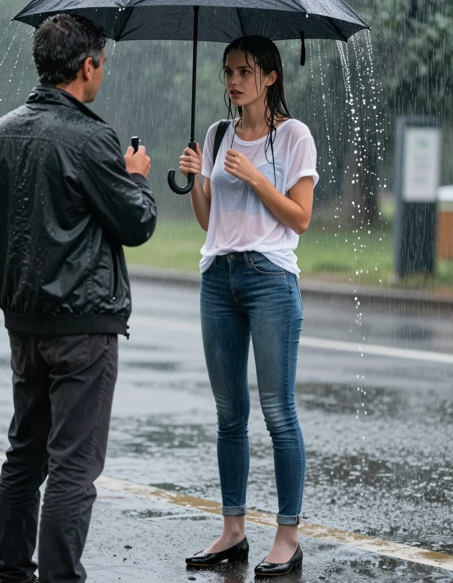 photo of young woman, in soaking wet, drenched clothes,
Black Flats, light Pantyhose, Long skinny jeans, T-Shirt, , 
enjoying, wet clothes stuck to body,
detailed textures of the wet clothes, wet face, wet plastered hair,
wet, drenched, professional, high-quality details, full body view.
sharp focus, ultra-high pixel detail, realistic, high-quality, full colors, incredibly detailed, 4k, 8k, 16k, hyper-realistic, RAW photo, masterpiece, ultra-detailed, professionally color graded, professional photograph, young, very slender female reporter is standing in very heavy Rainstorm. She is interviewing a man standing under an umbrella. She is completely soaked from head to toe, with water streaming down her entire body. Her clothes are clinging to her. The girl is not carrying an umbrella., wet skin, wet clothes, damp fabric