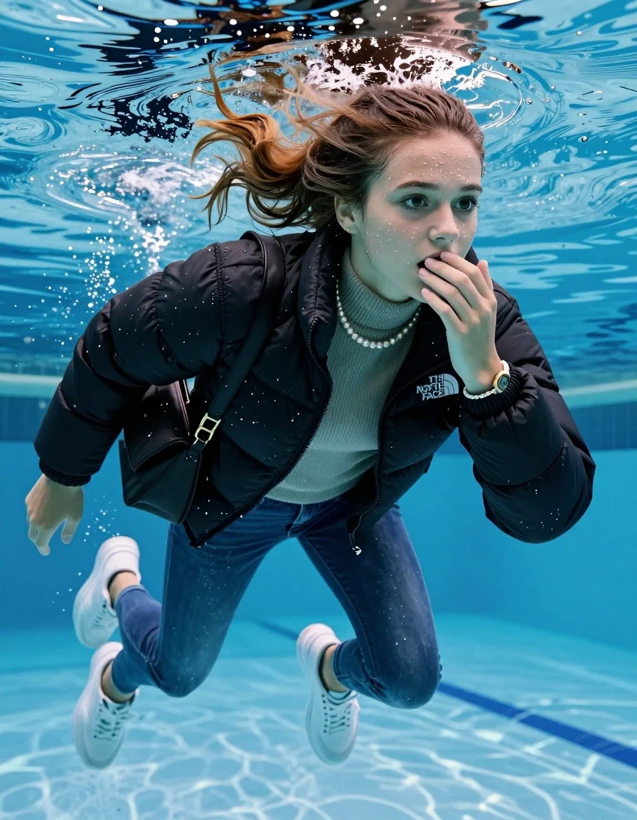 photo of young woman, in soaking wet, drenched clothes,
White sneakers , Completely soaked tight skinny jeans,  North face black puffer down jacket, tight knit turtleneck sweater, shoulderbag, pearl necklace, bracelet, wristwatch , Swimming half submerged underwater in swimming pool , 
enjoying, wet clothes stuck to body,
detailed textures of the wet clothes, wet face, wet plastered hair,
wet, drenched, professional, high-quality details, full body view.
sharp focus, ultra-high pixel detail, realistic, high-quality, full colors, incredibly detailed, 4k, 8k, 16k, hyper-realistic, RAW photo, masterpiece, ultra-detailed, professionally color graded, professional photograph, Sleek ponytail 

15 years old  teenage girl

Hold her hand on her mouth. Looking slightly away. 

she is completely underwater up to her neck, afraid and astonished expression. 

Swimming movements with Arms and legs. Breast swimming.

her submerged clothes are hardly vusible under water, she soaked her handbag into the water

close up view, wet skin, wet clothes, wet hair, damp fabric, water runs down the clothes, wet skin, wet clothes, damp fabric, wet skin, wet clothes, damp fabric, wet skin, wet clothes, damp fabric, wet skin, wet clothes, damp fabric, wet skin, wet clothes, damp fabric, wet skin, wet clothes, damp fabric, wet skin, wet clothes, damp fabric, wet skin, wet clothes, damp fabric, wet skin, wet clothes, damp fabric, wet skin, wet clothes, damp fabric, wet skin, wet clothes, damp fabric, wet skin, wet clothes, damp fabric, wet skin, wet clothes, damp fabric, wet skin, wet clothes, damp fabric, wet skin, wet clothes, damp fabric, wet skin, wet clothes, damp fabric, wet skin, wet clothes, damp fabric, wet skin, wet clothes, damp fabric, wet skin, wet clothes, damp fabric, wet skin, wet clothes, damp fabric