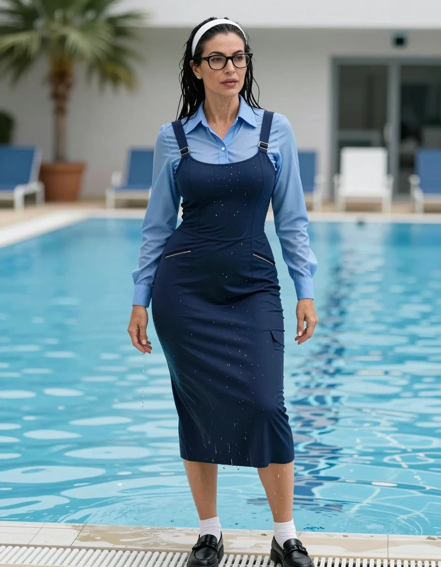 photo of young woman, in soaking wet, drenched clothes,
black shoes, white socks, school uniform with maxi dark blue school tight dress with two pockets and blue shirt with long sleeves, school uniform with maxi dark blue school tight dress with two pockets and blue shirt with long sleeves,  after swiming in pool, enjoying wet clothes stuck body, enjoying, wet clothes stuck to body, 
enjoying, wet clothes stuck to body,
detailed textures of the wet clothes, wet face, wet plastered hair,
wet, drenched, professional, high-quality details, full body view.
sharp focus, ultra-high pixel detail, realistic, high-quality, full colors, incredibly detailed, 4k, 8k, 16k, hyper-realistic, RAW photo, masterpiece, ultra-detailed, professionally color graded, professional photograph, europen brunette skinny woman 50 years old, long dark black hair, very big and thick lips,  office glasses, white headband, complete body, wet skin, wet clothes, damp fabric, wet skin, wet clothes, damp fabric, wet skin, wet clothes, damp fabric, wet skin, wet clothes, damp fabric, wet skin, wet clothes, damp fabric