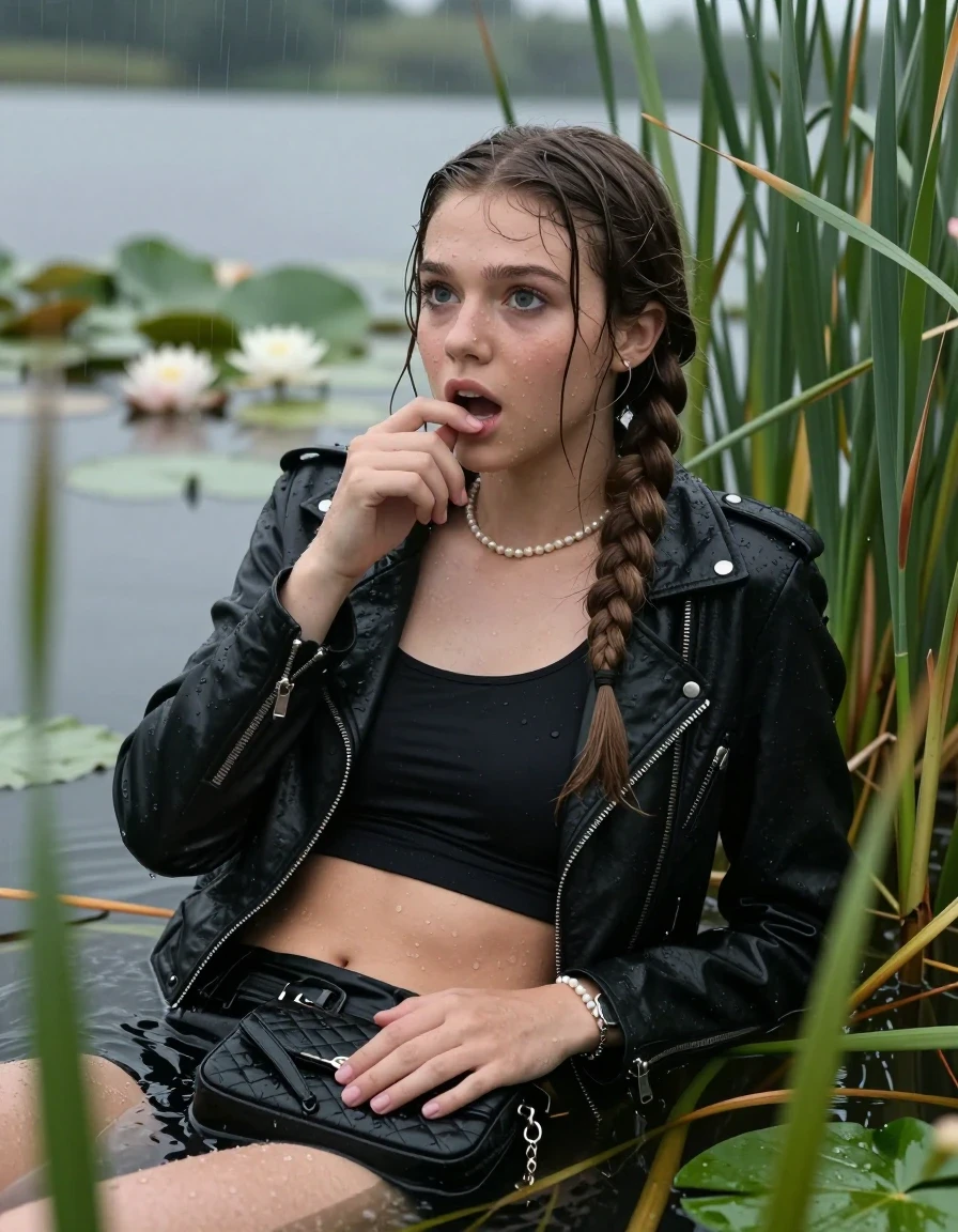 photo of young woman, in soaking wet, drenched clothes,
, , Black biker leatherjacket, tight sexy tshirt with wide neckline belly free, handbag, pearl necklace, bracelet, wristwatch , Emerging after diving in a lake with water lilies and reeds, rain , 
enjoying, wet clothes stuck to body,
detailed textures of the wet clothes, wet face, wet plastered hair,
wet, drenched, professional, high-quality details, full body view.
sharp focus, ultra-high pixel detail, realistic, high-quality, full colors, incredibly detailed, 4k, 8k, 16k, hyper-realistic, RAW photo, masterpiece, ultra-detailed, professionally color graded, professional photograph, Two long braids

15 years old  teenage girl

Laying her breast on the surface.  Looking slightly away. Puts a finger in the mouth.

she is completely underwater up to her neck, afraid and astonished expression. 

She hides in the reeds and is surprised by spectators

her submerged clothes are hardly vusible under water, she soaked her handbag into the water

close up view, wet skin, wet clothes, wet hair, damp fabric, water runs down the clothes, wet skin, wet clothes, damp fabric, wet skin, wet clothes, damp fabric, wet skin, wet clothes, damp fabric, wet skin, wet clothes, damp fabric, wet skin, wet clothes, damp fabric, wet skin, wet clothes, damp fabric, wet skin, wet clothes, damp fabric, wet skin, wet clothes, damp fabric, wet skin, wet clothes, damp fabric, wet skin, wet clothes, damp fabric, wet skin, wet clothes, damp fabric, wet skin, wet clothes, damp fabric, wet skin, wet clothes, damp fabric, wet skin, wet clothes, damp fabric, wet skin, wet clothes, damp fabric, wet skin, wet clothes, damp fabric, wet skin, wet clothes, damp fabric, wet skin, wet clothes, damp fabric, wet skin, wet clothes, damp fabric, wet skin, wet clothes, damp fabric, wet skin, wet clothes, damp fabric
