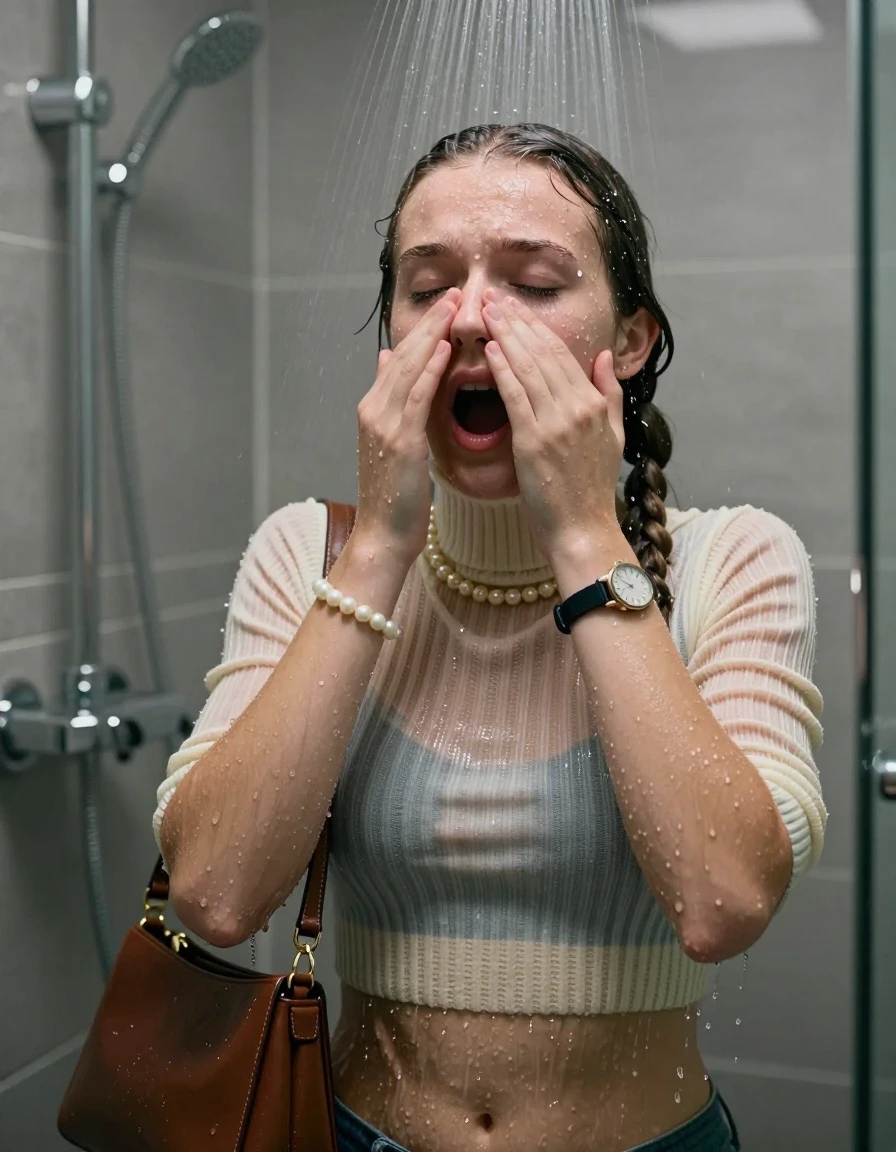 photo of young woman, in soaking wet, drenched clothes,
, ,  tight striped knit turtleneck sweater belly free, handbag, pearl necklace, bracelet, wristwatch, Under the shower, strong jet of water, modern mirrored bathroom, 
enjoying, wet clothes stuck to body,
detailed textures of the wet clothes, wet face, wet plastered hair,
wet, drenched, professional, high-quality details, full body view.
sharp focus, ultra-high pixel detail, realistic, high-quality, full colors, incredibly detailed, 4k, 8k, 16k, hyper-realistic, RAW photo, masterpiece, ultra-detailed, professionally color graded, professional photograph, Two pigtails

15 years old  teenage girl

Only head and shoulders are over the surface visible. Open mouth, closed eyes. Looking up. Hold her hands on her nose.

she is completely underwater up to her neck, afraid and astonished expression. 

her submerged clothes are hardly vusible under water, she soaked her handbag into the water

close up view, wet skin, wet clothes, wet hair, damp fabric, water runs down the clothes, wet skin, wet clothes, damp fabric., wet skin, wet clothes, damp fabric, wet skin, wet clothes, damp fabric, wet skin, wet clothes, damp fabric