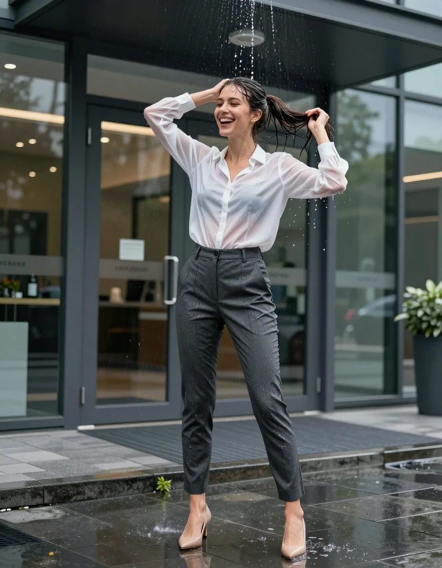 photo of young woman, in soaking wet, drenched clothes,
beige suede pumps soaked through with puddles, slim-fit charcoal grey wool trousers drenched and clinging, white button-down silk blouse completely translucent from water saturation, modern glass-front office building entrance, 
enjoying, wet clothes stuck to body,
detailed textures of the wet clothes, wet face, wet plastered hair,
wet, drenched, professional, high-quality details, full body view.
sharp focus, ultra-high pixel detail, realistic, high-quality, full colors, incredibly detailed, 4k, 8k, 16k, hyper-realistic, RAW photo, masterpiece, ultra-detailed, professionally color graded, professional photograph, woman laughing while wringing out her wet ponytail, standing under a malfunctioning overhead sprinkler, heavy water droplets visible in mid-air, hyper-realistic fabric texture, vivid daylight, wide-angle street-level perspective, crisp focus, vibrant natural tones, wet skin, wet clothes, damp fabric