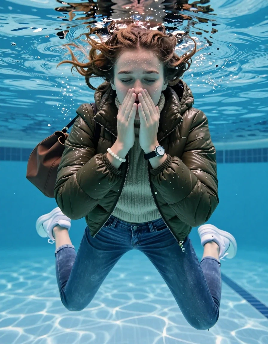 photo of young woman, in soaking wet, drenched clothes,
White sneakers , Completely soaked tight skinny jeans,  Belstaff olive shiny puffer down jacket, tight knit turtleneck sweater, shoulderbag, pearl necklace, bracelet, wristwatch , Swimming half submerged underwater in swimming pool , 
enjoying, wet clothes stuck to body,
detailed textures of the wet clothes, wet face, wet plastered hair,
wet, drenched, professional, high-quality details, full body view.
sharp focus, ultra-high pixel detail, realistic, high-quality, full colors, incredibly detailed, 4k, 8k, 16k, hyper-realistic, RAW photo, masterpiece, ultra-detailed, professionally color graded, professional photograph, Two sleek long braids

15 years old  teenage girl

Covers her nose with her fingers. Looking slightly away. Open mouth, closed eyes.

she is completely underwater up to her neck, afraid and astonished expression. 

Swimming movements with Arms and legs. Breast swimming.

her submerged clothes are hardly vusible under water, she soaked her handbag into the water

close up view, wet skin, wet clothes, wet hair, damp fabric, water runs down the clothes, wet skin, wet clothes, damp fabric, wet skin, wet clothes, damp fabric, wet skin, wet clothes, damp fabric, wet skin, wet clothes, damp fabric, wet skin, wet clothes, damp fabric, wet skin, wet clothes, damp fabric, wet skin, wet clothes, damp fabric, wet skin, wet clothes, damp fabric, wet skin, wet clothes, damp fabric, wet skin, wet clothes, damp fabric, wet skin, wet clothes, damp fabric, wet skin, wet clothes, damp fabric, wet skin, wet clothes, damp fabric, wet skin, wet clothes, damp fabric, wet skin, wet clothes, damp fabric, wet skin, wet clothes, damp fabric, wet skin, wet clothes, damp fabric, wet skin, wet clothes, damp fabric, wet skin, wet clothes, damp fabric, wet skin, wet clothes, damp fabric