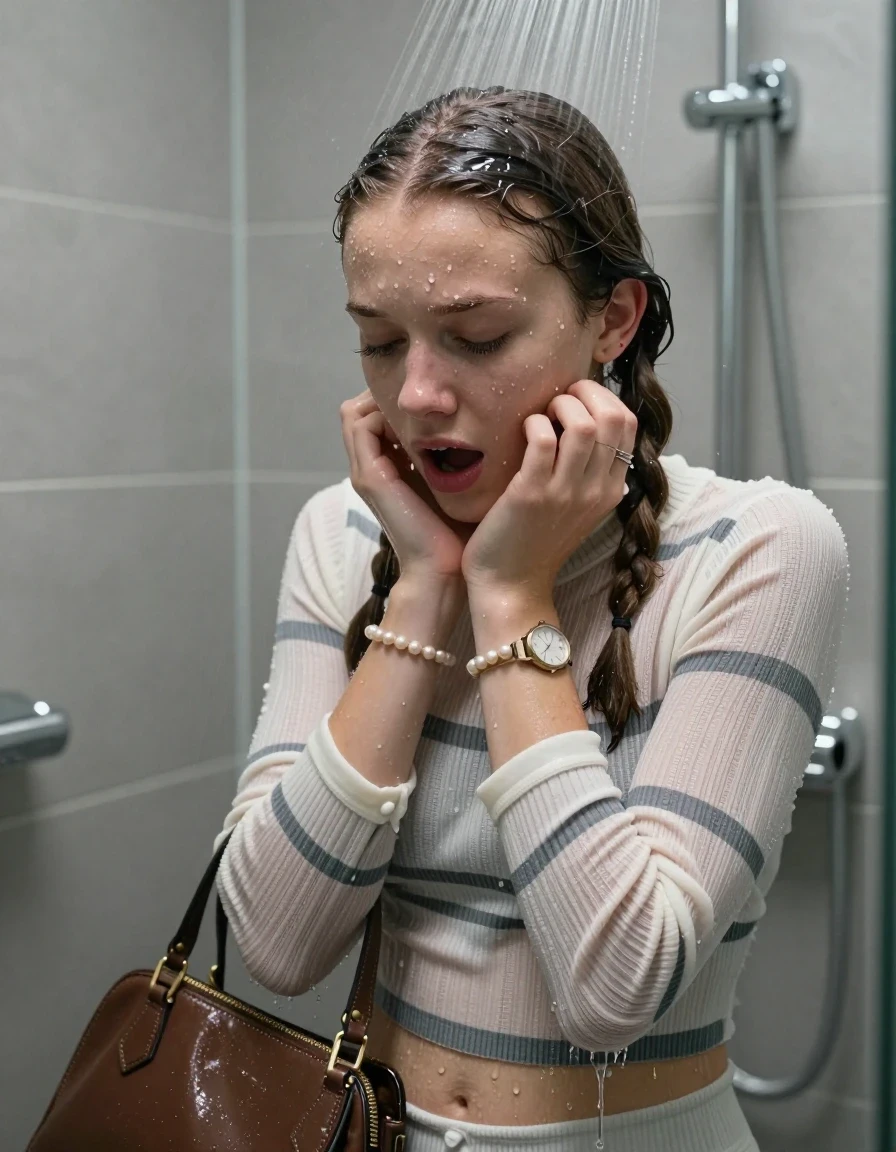 photo of young woman, in soaking wet, drenched clothes,
, ,  tight striped knit turtleneck sweater belly free, handbag, pearl necklace, bracelet, wristwatch, Under the shower, strong jet of water, modern mirrored bathroom, 
enjoying, wet clothes stuck to body,
detailed textures of the wet clothes, wet face, wet plastered hair,
wet, drenched, professional, high-quality details, full body view.
sharp focus, ultra-high pixel detail, realistic, high-quality, full colors, incredibly detailed, 4k, 8k, 16k, hyper-realistic, RAW photo, masterpiece, ultra-detailed, professionally color graded, professional photograph, Two pigtails

15 years old  teenage girl

Only head and shoulders are over the surface visible. Open mouth, closed eyes. Looking down. Hold her hands on her chin.

she is completely underwater up to her neck, afraid and astonished expression. 

her submerged clothes are hardly vusible under water, she soaked her handbag into the water

close up view, wet skin, wet clothes, wet hair, damp fabric, water runs down the clothes, wet skin, wet clothes, damp fabric., wet skin, wet clothes, damp fabric, wet skin, wet clothes, damp fabric, wet skin, wet clothes, damp fabric