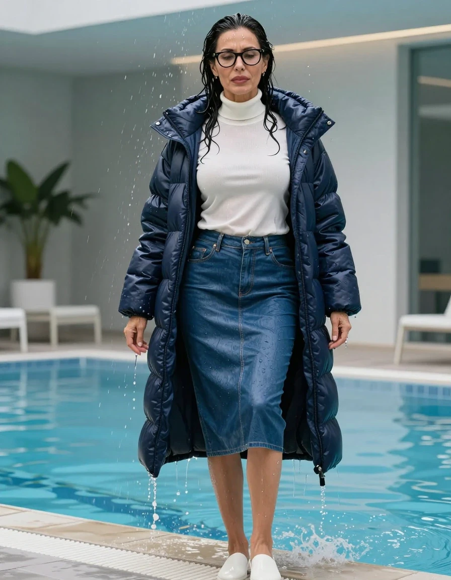 photo of young woman, in soaking wet, drenched clothes,
shoes, long blue leather denim skirt, white high-neck sweater with long sleeves, maxi dark blue down jacket, shower after bath in indoor swimming pool, enjoying wet clothes stuck body, enjoying, wet clothes stuck to body, 
enjoying, wet clothes stuck to body,
detailed textures of the wet clothes, wet face, wet plastered hair,
wet, drenched, professional, high-quality details, full body view.
sharp focus, ultra-high pixel detail, realistic, high-quality, full colors, incredibly detailed, 4k, 8k, 16k, hyper-realistic, RAW photo, masterpiece, ultra-detailed, professionally color graded, professional photograph, europen brunette skinny woman 50 years old, long dark black hair, very big and thick lips,  office glasses, complete body, wet skin, wet clothes, damp fabric, wet skin, wet clothes, damp fabric, wet skin, wet clothes, damp fabric, wet skin, wet clothes, damp fabric, wet skin, wet clothes, damp fabric