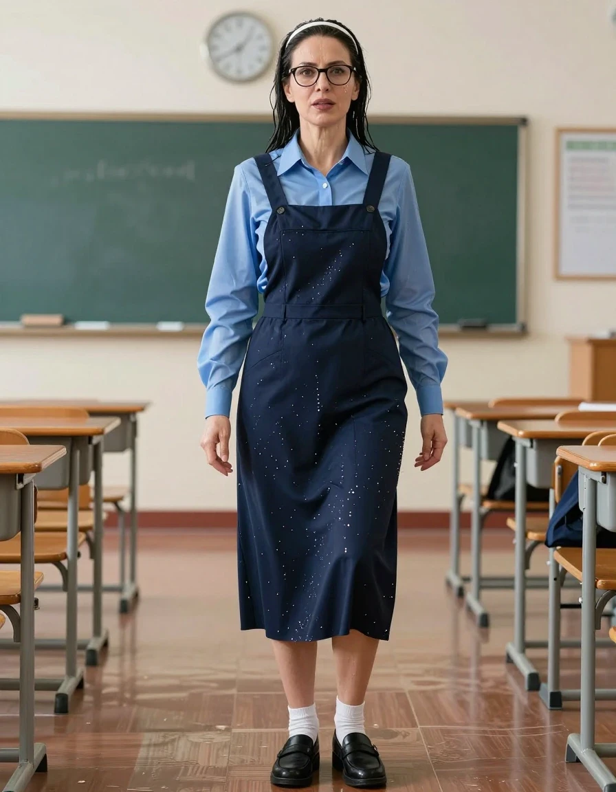 photo of young woman, in soaking wet, drenched clothes,
black shoes, white socks, school uniform with maxi dark blue school tight pinafore with two pockets and blue shirt with long sleeves, school uniform with maxi dark blue school tight pinafore with two pockets and blue shirt with long sleeves, after swimming in classroom, enjoying wet clothes stuck body, enjoying, wet clothes stuck to body, 
enjoying, wet clothes stuck to body,
detailed textures of the wet clothes, wet face, wet plastered hair,
wet, drenched, professional, high-quality details, full body view.
sharp focus, ultra-high pixel detail, realistic, high-quality, full colors, incredibly detailed, 4k, 8k, 16k, hyper-realistic, RAW photo, masterpiece, ultra-detailed, professionally color graded, professional photograph, europen brunette skinny woman 50 years old, long dark black hair, very big and thick lips,  office glasses, white headband, complete body, wet skin, wet clothes, damp fabric, wet skin, wet clothes, damp fabric, wet skin, wet clothes, damp fabric, wet skin, wet clothes, damp fabric, wet skin, wet clothes, damp fabric