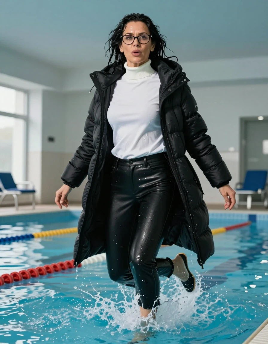 photo of young woman, in soaking wet, drenched clothes,
shoes, long black leather trousers, white high-neck sweater with long sleeves, maxi black down jacket, jump in indoor swimming pool, enjoying wet clothes stuck body, enjoying, wet clothes stuck to body, 
enjoying, wet clothes stuck to body,
detailed textures of the wet clothes, wet face, wet plastered hair,
wet, drenched, professional, high-quality details, full body view.
sharp focus, ultra-high pixel detail, realistic, high-quality, full colors, incredibly detailed, 4k, 8k, 16k, hyper-realistic, RAW photo, masterpiece, ultra-detailed, professionally color graded, professional photograph, europen brunette skinny woman 50 years old, long dark black hair, very big and thick lips,  office glasses, complete body, wet skin, wet clothes, damp fabric, wet skin, wet clothes, damp fabric, wet skin, wet clothes, damp fabric, wet skin, wet clothes, damp fabric, wet skin, wet clothes, damp fabric