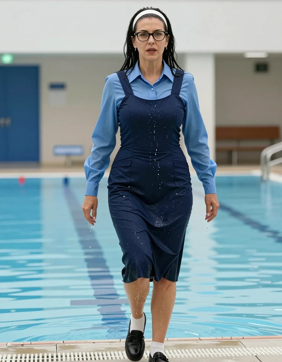 photo of young woman, in soaking wet, drenched clothes,
black shoes, white socks, school uniform with maxi dark blue school tight dress with two pockets and blue shirt with long sleeves, school uniform with maxi dark blue school tight dress with two pockets and blue shirt with long sleeves, walking after swimming in school pool, enjoying wet clothes stuck body, enjoying, wet clothes stuck to body, 
enjoying, wet clothes stuck to body,
detailed textures of the wet clothes, wet face, wet plastered hair,
wet, drenched, professional, high-quality details, full body view.
sharp focus, ultra-high pixel detail, realistic, high-quality, full colors, incredibly detailed, 4k, 8k, 16k, hyper-realistic, RAW photo, masterpiece, ultra-detailed, professionally color graded, professional photograph, europen brunette skinny woman 50 years old, long dark black hair, very big and thick lips,  office glasses, white headband, complete body, wet skin, wet clothes, damp fabric, wet skin, wet clothes, damp fabric, wet skin, wet clothes, damp fabric, wet skin, wet clothes, damp fabric, wet skin, wet clothes, damp fabric
