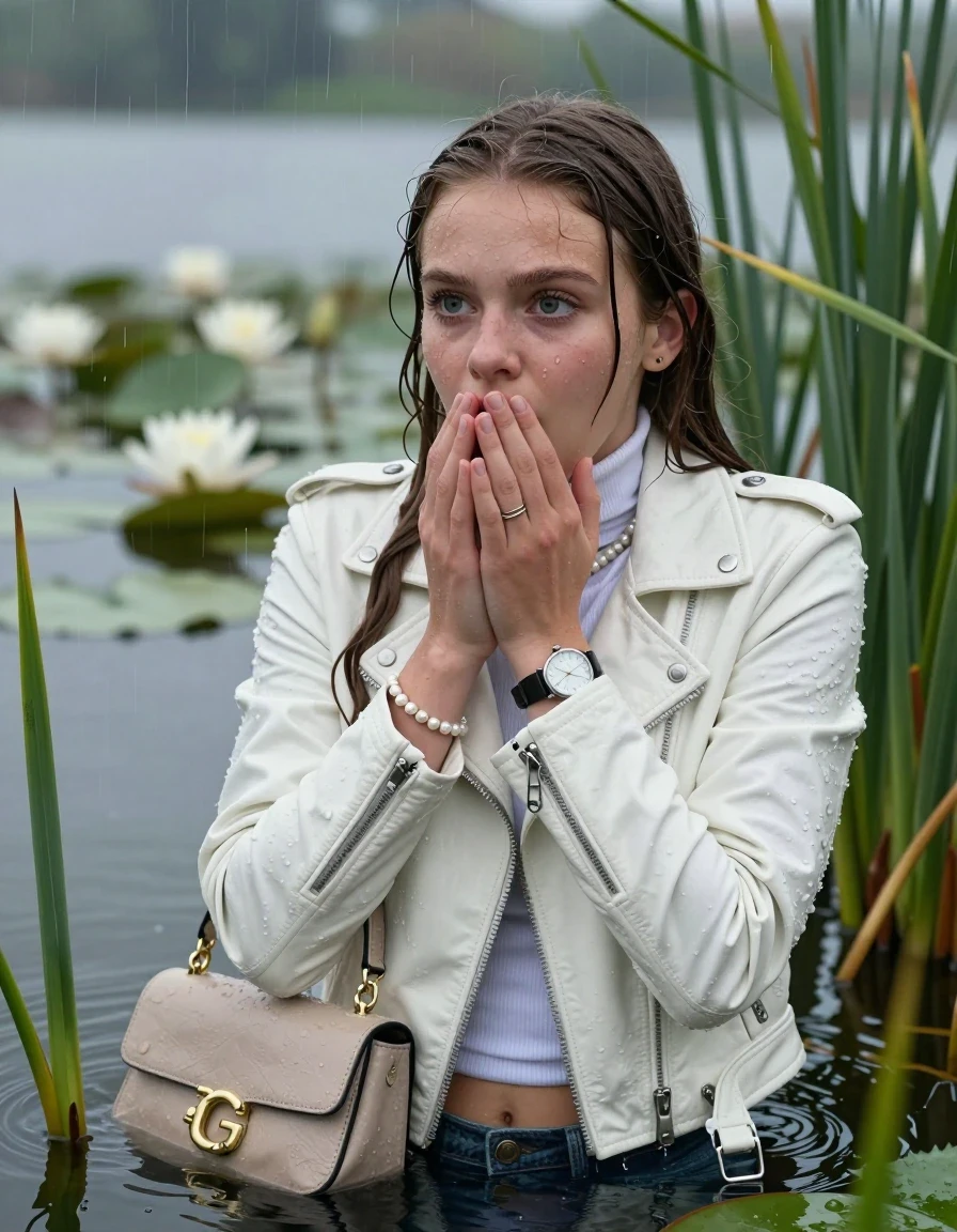photo of young woman, in soaking wet, drenched clothes,
, , White biker leatherjacket, tight turtleneck sweater with wide neckline belly free, handbag, pearl necklace, bracelet, wristwatch , Emerging after diving in a lake with water lilies and reeds, rain , 
enjoying, wet clothes stuck to body,
detailed textures of the wet clothes, wet face, wet plastered hair,
wet, drenched, professional, high-quality details, full body view.
sharp focus, ultra-high pixel detail, realistic, high-quality, full colors, incredibly detailed, 4k, 8k, 16k, hyper-realistic, RAW photo, masterpiece, ultra-detailed, professionally color graded, professional photograph, Pigtails

15 years old  teenage girl

Laying her breast on the surface.  Looking slightly away. Hold her hands on her mouth.Open mouth, big eyes.

she is completely underwater up to her neck, afraid and astonished expression. 

She hides in the reeds and is surprised by spectators

her submerged clothes are hardly vusible under water, she soaked her handbag into the water

close up view, wet skin, wet clothes, wet hair, damp fabric, water runs down the clothes, wet skin, wet clothes, damp fabric., wet skin, wet clothes, damp fabric, wet skin, wet clothes, damp fabric