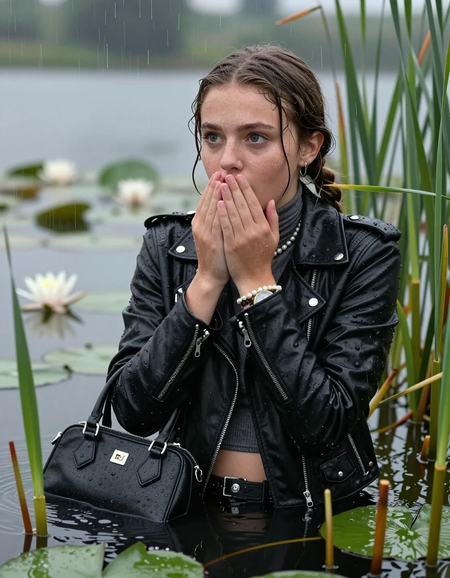 photo of young woman, in soaking wet, drenched clothes,
, , Black biker leatherjacket, tight turtleneck sweater with wide neckline belly free, handbag, pearl necklace, bracelet, wristwatch , Emerging after diving in a lake with water lilies and reeds, rain , 
enjoying, wet clothes stuck to body,
detailed textures of the wet clothes, wet face, wet plastered hair,
wet, drenched, professional, high-quality details, full body view.
sharp focus, ultra-high pixel detail, realistic, high-quality, full colors, incredibly detailed, 4k, 8k, 16k, hyper-realistic, RAW photo, masterpiece, ultra-detailed, professionally color graded, professional photograph, Pigtails

15 years old  teenage girl

Laying her breast on the surface.  Looking slightly away. Hold her hands on her mouth.Open mouth, big eyes.

she is completely underwater up to her neck, afraid and astonished expression. 

She hides in the reeds and is surprised by spectators

her submerged clothes are hardly vusible under water, she soaked her handbag into the water

close up view, wet skin, wet clothes, wet hair, damp fabric, water runs down the clothes, wet skin, wet clothes, damp fabric., wet skin, wet clothes, damp fabric, wet skin, wet clothes, damp fabric