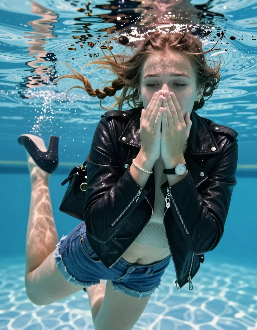 photo of young woman, in soaking wet, drenched clothes,
Heels, mini denim Short, Black biker leatherjacket, tight knit turtleneck sweater belly free, shoulderbag, pearl necklace, bracelet, wristwatch , Swimming half submerged underwater in swimming pool , 
enjoying, wet clothes stuck to body,
detailed textures of the wet clothes, wet face, wet plastered hair,
wet, drenched, professional, high-quality details, full body view.
sharp focus, ultra-high pixel detail, realistic, high-quality, full colors, incredibly detailed, 4k, 8k, 16k, hyper-realistic, RAW photo, masterpiece, ultra-detailed, professionally color graded, professional photograph, Two sleek long braids

15 years old  teenage girl

Covers her nose with her hands. Looking slightly away. Open mouth, closed eyes.

she is completely underwater up to her neck, afraid and astonished expression. 

Swimming movements with Arms and legs. Breast swimming.

her submerged clothes are hardly vusible under water, she soaked her handbag into the water

close up view, wet skin, wet clothes, wet hair, damp fabric, water runs down the clothes, wet skin, wet clothes, damp fabric, wet skin, wet clothes, damp fabric, wet skin, wet clothes, damp fabric, wet skin, wet clothes, damp fabric, wet skin, wet clothes, damp fabric, wet skin, wet clothes, damp fabric, wet skin, wet clothes, damp fabric, wet skin, wet clothes, damp fabric, wet skin, wet clothes, damp fabric, wet skin, wet clothes, damp fabric, wet skin, wet clothes, damp fabric, wet skin, wet clothes, damp fabric, wet skin, wet clothes, damp fabric, wet skin, wet clothes, damp fabric, wet skin, wet clothes, damp fabric, wet skin, wet clothes, damp fabric, wet skin, wet clothes, damp fabric, wet skin, wet clothes, damp fabric, wet skin, wet clothes, damp fabric, wet skin, wet clothes, damp fabric, wet skin, wet clothes, damp fabric, wet skin, wet clothes, damp fabric