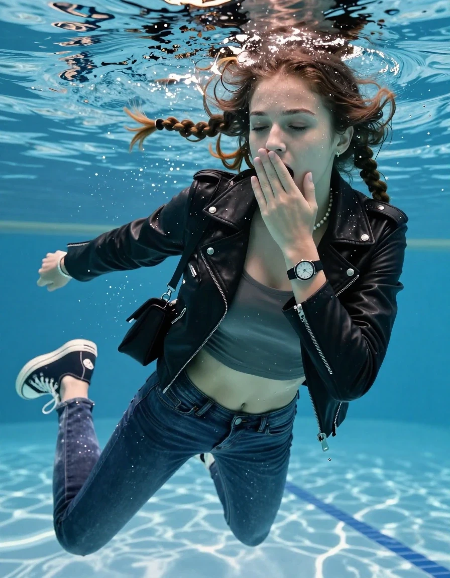 photo of young woman, in soaking wet, drenched clothes,
Converse, Completely soaked tight skinny jeans, Black biker leatherjacket, tight sexy tshirt with wide neckline belly free, shoulderbag, pearl necklace, bracelet, wristwatch , Swimming half submerged underwater in swimming pool , 
enjoying, wet clothes stuck to body,
detailed textures of the wet clothes, wet face, wet plastered hair,
wet, drenched, professional, high-quality details, full body view.
sharp focus, ultra-high pixel detail, realistic, high-quality, full colors, incredibly detailed, 4k, 8k, 16k, hyper-realistic, RAW photo, masterpiece, ultra-detailed, professionally color graded, professional photograph, Two sleek long braids

15 years old  teenage girl

Covers her nose with her fingers. Looking slightly away. Open mouth, closed eyes.

she is completely underwater up to her neck, afraid and astonished expression. 

Swimming movements with Arms and legs. Breast swimming.

her submerged clothes are hardly vusible under water, she soaked her handbag into the water

close up view, wet skin, wet clothes, wet hair, damp fabric, water runs down the clothes, wet skin, wet clothes, damp fabric, wet skin, wet clothes, damp fabric, wet skin, wet clothes, damp fabric, wet skin, wet clothes, damp fabric, wet skin, wet clothes, damp fabric, wet skin, wet clothes, damp fabric, wet skin, wet clothes, damp fabric, wet skin, wet clothes, damp fabric, wet skin, wet clothes, damp fabric, wet skin, wet clothes, damp fabric, wet skin, wet clothes, damp fabric, wet skin, wet clothes, damp fabric, wet skin, wet clothes, damp fabric, wet skin, wet clothes, damp fabric, wet skin, wet clothes, damp fabric, wet skin, wet clothes, damp fabric, wet skin, wet clothes, damp fabric, wet skin, wet clothes, damp fabric, wet skin, wet clothes, damp fabric, wet skin, wet clothes, damp fabric