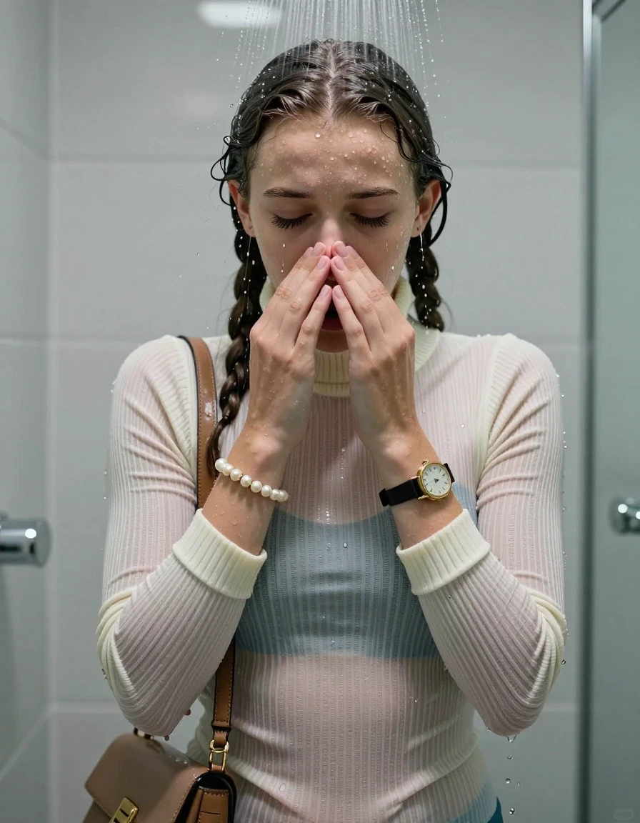 photo of young woman, in soaking wet, drenched clothes,
, ,  tight striped knit turtleneck sweater belly free, handbag, pearl necklace, bracelet, wristwatch, Under the shower, strong jet of water, modern mirrored bathroom, 
enjoying, wet clothes stuck to body,
detailed textures of the wet clothes, wet face, wet plastered hair,
wet, drenched, professional, high-quality details, full body view.
sharp focus, ultra-high pixel detail, realistic, high-quality, full colors, incredibly detailed, 4k, 8k, 16k, hyper-realistic, RAW photo, masterpiece, ultra-detailed, professionally color graded, professional photograph, Two pigtails

15 years old  teenage girl

Only head and shoulders are over the surface visible. Open mouth, closed eyes. Looking down. Hold her hands on her nose.

she is completely underwater up to her neck, afraid and astonished expression. 

her submerged clothes are hardly vusible under water, she soaked her handbag into the water

close up view, wet skin, wet clothes, wet hair, damp fabric, water runs down the clothes, wet skin, wet clothes, damp fabric., wet skin, wet clothes, damp fabric, wet skin, wet clothes, damp fabric, wet skin, wet clothes, damp fabric, wet skin, wet clothes, damp fabric