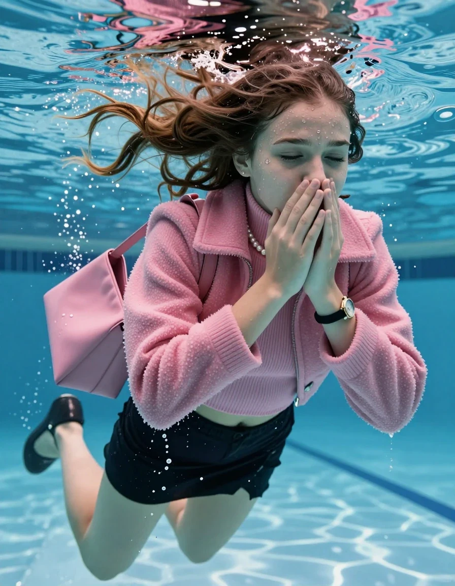 photo of young woman, in soaking wet, drenched clothes,
Heels, Black mini skirt, Pink woolen winter coat, tight knit turtleneck sweater belly free, shoulderbag, pearl necklace, bracelet, wristwatch , Swimming half submerged underwater in swimming pool , 
enjoying, wet clothes stuck to body,
detailed textures of the wet clothes, wet face, wet plastered hair,
wet, drenched, professional, high-quality details, full body view.
sharp focus, ultra-high pixel detail, realistic, high-quality, full colors, incredibly detailed, 4k, 8k, 16k, hyper-realistic, RAW photo, masterpiece, ultra-detailed, professionally color graded, professional photograph, Two sleek long braids

15 years old  teenage girl

Covers her nose with her hands. Looking slightly away. Open mouth, closed  eyes.

she is completely underwater up to her neck, afraid and astonished expression. 

Swimming movements with Arms and legs. Breast swimming.

her submerged clothes are hardly vusible under water, she soaked her handbag into the water

close up view, wet skin, wet clothes, wet hair, damp fabric, water runs down the clothes, wet skin, wet clothes, damp fabric, wet skin, wet clothes, damp fabric, wet skin, wet clothes, damp fabric, wet skin, wet clothes, damp fabric, wet skin, wet clothes, damp fabric, wet skin, wet clothes, damp fabric, wet skin, wet clothes, damp fabric, wet skin, wet clothes, damp fabric, wet skin, wet clothes, damp fabric, wet skin, wet clothes, damp fabric, wet skin, wet clothes, damp fabric, wet skin, wet clothes, damp fabric, wet skin, wet clothes, damp fabric, wet skin, wet clothes, damp fabric, wet skin, wet clothes, damp fabric, wet skin, wet clothes, damp fabric, wet skin, wet clothes, damp fabric, wet skin, wet clothes, damp fabric, wet skin, wet clothes, damp fabric, wet skin, wet clothes, damp fabric, wet skin, wet clothes, damp fabric, wet skin, wet clothes, damp fabric