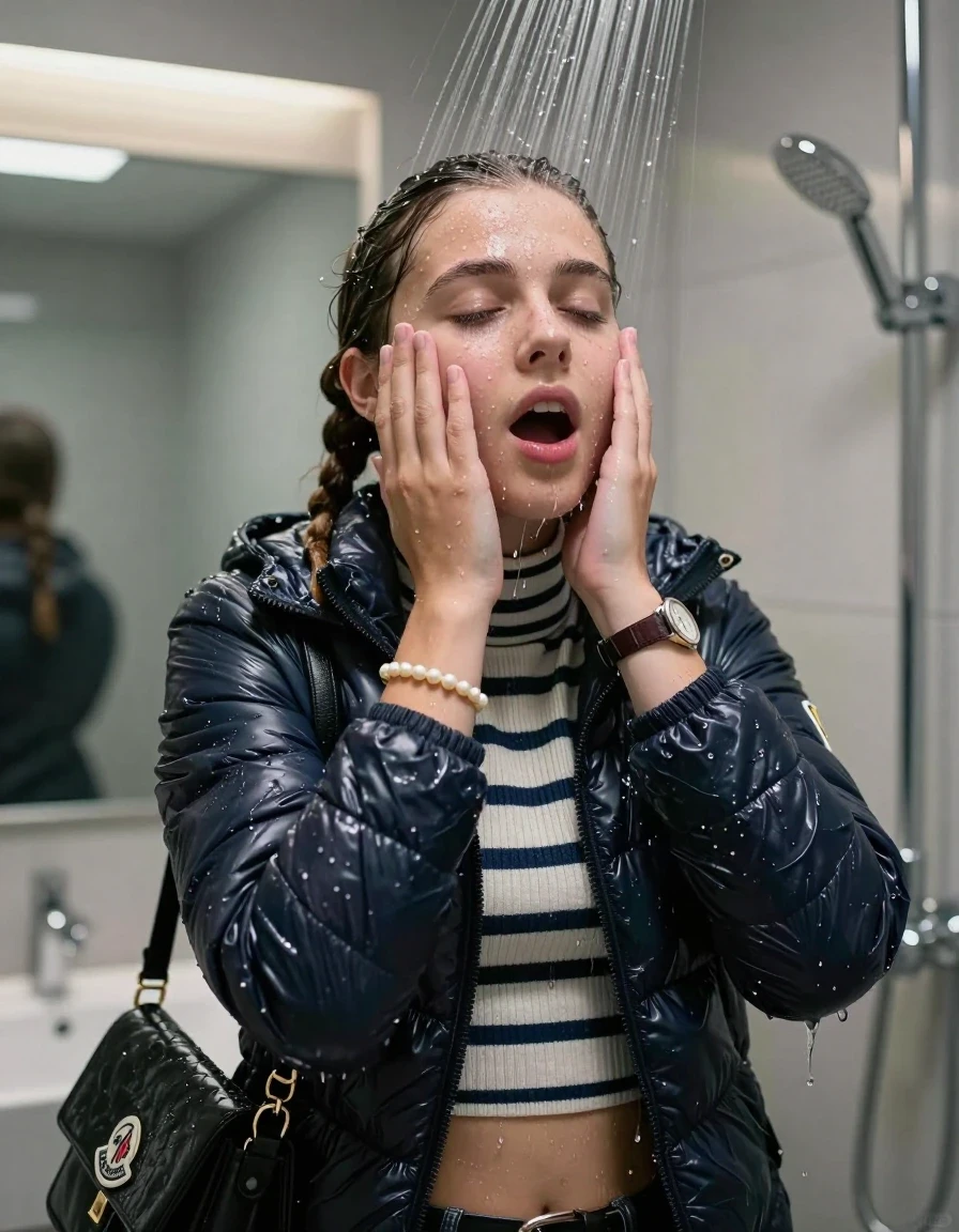 photo of young woman, in soaking wet, drenched clothes,
, , Moncler puffer down jacket, tight striped knit turtleneck sweater belly free, handbag, pearl necklace, bracelet, wristwatch, Under the shower, strong jet of water, modern mirrored bathroom, 
enjoying, wet clothes stuck to body,
detailed textures of the wet clothes, wet face, wet plastered hair,
wet, drenched, professional, high-quality details, full body view.
sharp focus, ultra-high pixel detail, realistic, high-quality, full colors, incredibly detailed, 4k, 8k, 16k, hyper-realistic, RAW photo, masterpiece, ultra-detailed, professionally color graded, professional photograph, Two pigtails

15 years old  teenage girl

Only head and shoulders are over the surface visible. Open mouth, closed eyes. Looking up. Hold her hands over her face.

she is completely underwater up to her neck, afraid and astonished expression. 

her submerged clothes are hardly vusible under water, she soaked her handbag into the water

close up view, wet skin, wet clothes, wet hair, damp fabric, water runs down the clothes, wet skin, wet clothes, damp fabric., wet skin, wet clothes, damp fabric, wet skin, wet clothes, damp fabric, wet skin, wet clothes, damp fabric