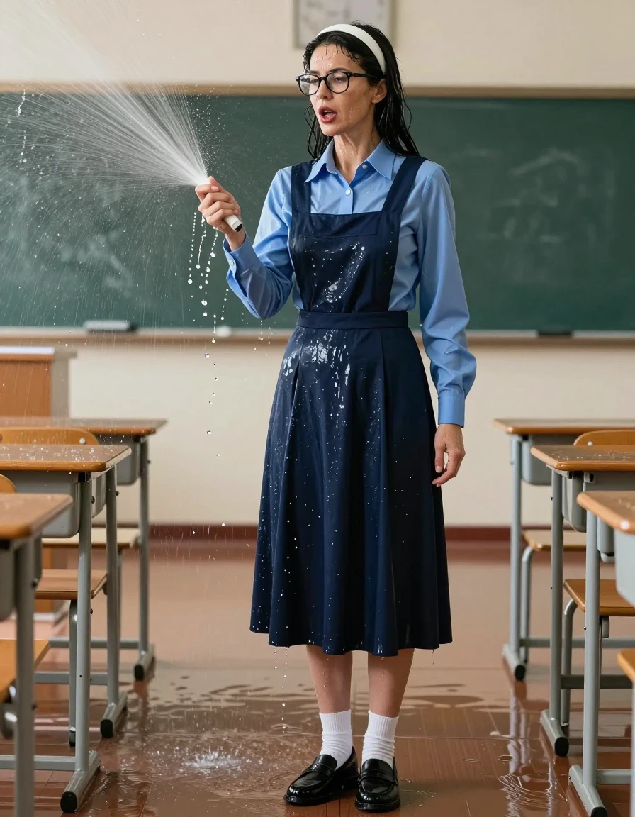 photo of young woman, in soaking wet, drenched clothes,
black shoes, white socks, school uniform with maxi dark blue school tight pinafore with pocket and blue shirt with long sleeves, school uniform with maxi dark blue school tight pinafore with pocket and blue shirt with long sleeves, under sprinklers in flooded classroom, enjoying wet clothes stuck body, enjoying, wet clothes stuck to body, 
enjoying, wet clothes stuck to body,
detailed textures of the wet clothes, wet face, wet plastered hair,
wet, drenched, professional, high-quality details, full body view.
sharp focus, ultra-high pixel detail, realistic, high-quality, full colors, incredibly detailed, 4k, 8k, 16k, hyper-realistic, RAW photo, masterpiece, ultra-detailed, professionally color graded, professional photograph, europen brunette skinny woman 50 years old, long dark black hair, very big and thick lips,  office glasses, white headband, complete body, wet skin, wet clothes, damp fabric, wet skin, wet clothes, damp fabric, wet skin, wet clothes, damp fabric, wet skin, wet clothes, damp fabric, wet skin, wet clothes, damp fabric