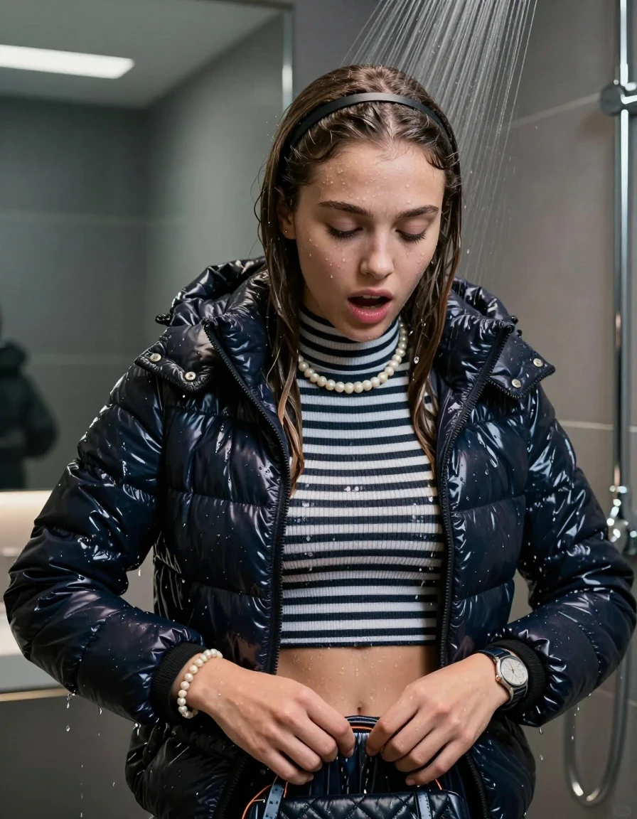 photo of young woman, in soaking wet, drenched clothes,
, , Moncler shiny puffer down jacket, tight striped knit turtleneck sweater belly free, handbag, pearl necklace, bracelet, wristwatch , Under the shower, strong jet of water, modern mirrored bathroom, 
enjoying, wet clothes stuck to body,
detailed textures of the wet clothes, wet face, wet plastered hair,
wet, drenched, professional, high-quality details, full body view.
sharp focus, ultra-high pixel detail, realistic, high-quality, full colors, incredibly detailed, 4k, 8k, 16k, hyper-realistic, RAW photo, masterpiece, ultra-detailed, professionally color graded, professional photograph, Sleek long straight hair with hairband

15 years old  teenage girl

Only head and shoulders are over the surface visible. Open mouth, closed eyes. Looking down.

she is completely underwater up to her neck, afraid and astonished expression. 

her submerged clothes are hardly vusible under water, she soaked her handbag into the water

close up view, wet skin, wet clothes, wet hair, damp fabric, water runs down the clothes, wet skin, wet clothes, damp fabric., wet skin, wet clothes, damp fabric, wet skin, wet clothes, damp fabric, wet skin, wet clothes, damp fabric