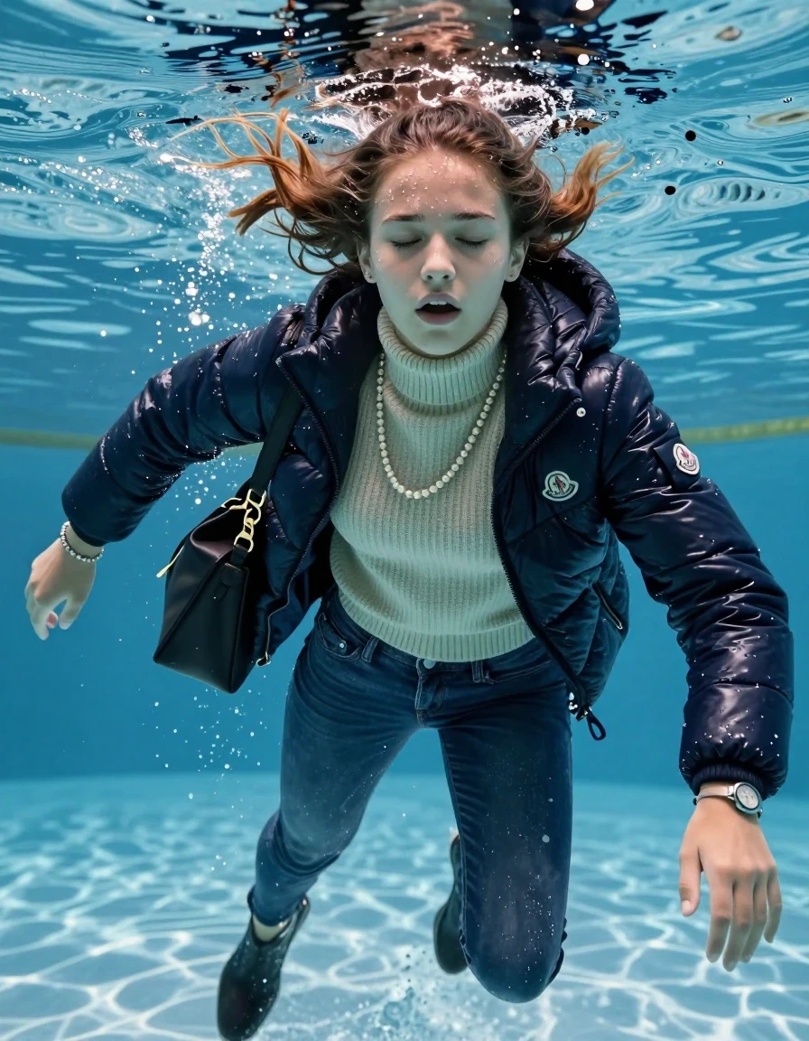 photo of young woman, in soaking wet, drenched clothes,
Boots, Completely soaked tight skinny jeans, Moncler shiny puffer down jacket, tight knit turtleneck sweater, shoulderbag, pearl necklace, bracelet, wristwatch , Swimming half underwater in swimming pool , 
enjoying, wet clothes stuck to body,
detailed textures of the wet clothes, wet face, wet plastered hair,
wet, drenched, professional, high-quality details, full body view.
sharp focus, ultra-high pixel detail, realistic, high-quality, full colors, incredibly detailed, 4k, 8k, 16k, hyper-realistic, RAW photo, masterpiece, ultra-detailed, professionally color graded, professional photograph, Sleek ponytail 

15 years old  teenage girl

Closed eyes, closed mouth.

she is completely underwater up to her neck, afraid and astonished expression. 

Swimming movements with Arms and legs. Breast swimming.

her submerged clothes are hardly vusible under water, she soaked her handbag into the water

close up view, wet skin, wet clothes, wet hair, damp fabric, water runs down the clothes, wet skin, wet clothes, damp fabric, wet skin, wet clothes, damp fabric, wet skin, wet clothes, damp fabric, wet skin, wet clothes, damp fabric, wet skin, wet clothes, damp fabric, wet skin, wet clothes, damp fabric, wet skin, wet clothes, damp fabric, wet skin, wet clothes, damp fabric, wet skin, wet clothes, damp fabric, wet skin, wet clothes, damp fabric, wet skin, wet clothes, damp fabric, wet skin, wet clothes, damp fabric, wet skin, wet clothes, damp fabric, wet skin, wet clothes, damp fabric, wet skin, wet clothes, damp fabric, wet skin, wet clothes, damp fabric, wet skin, wet clothes, damp fabric, wet skin, wet clothes, damp fabric, wet skin, wet clothes, damp fabric