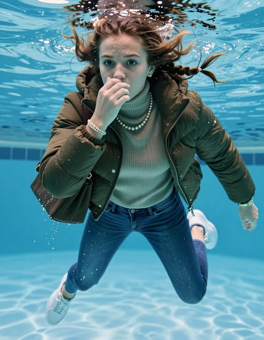 photo of young woman, in soaking wet, drenched clothes,
White sneakers , Completely soaked tight skinny jeans,  Belstaff  olive puffer down jacket, tight knit turtleneck sweater, shoulderbag, pearl necklace, bracelet, wristwatch , Swimming half submerged underwater in swimming pool , 
enjoying, wet clothes stuck to body,
detailed textures of the wet clothes, wet face, wet plastered hair,
wet, drenched, professional, high-quality details, full body view.
sharp focus, ultra-high pixel detail, realistic, high-quality, full colors, incredibly detailed, 4k, 8k, 16k, hyper-realistic, RAW photo, masterpiece, ultra-detailed, professionally color graded, professional photograph, Two sleek long braids

15 years old  teenage girl

Hold her hand over her nose. Looking slightly away. 

she is completely underwater up to her neck, afraid and astonished expression. 

Swimming movements with Arms and legs. Breast swimming.

her submerged clothes are hardly vusible under water, she soaked her handbag into the water

close up view, wet skin, wet clothes, wet hair, damp fabric, water runs down the clothes, wet skin, wet clothes, damp fabric, wet skin, wet clothes, damp fabric, wet skin, wet clothes, damp fabric, wet skin, wet clothes, damp fabric, wet skin, wet clothes, damp fabric, wet skin, wet clothes, damp fabric, wet skin, wet clothes, damp fabric, wet skin, wet clothes, damp fabric, wet skin, wet clothes, damp fabric, wet skin, wet clothes, damp fabric, wet skin, wet clothes, damp fabric, wet skin, wet clothes, damp fabric, wet skin, wet clothes, damp fabric, wet skin, wet clothes, damp fabric, wet skin, wet clothes, damp fabric, wet skin, wet clothes, damp fabric, wet skin, wet clothes, damp fabric, wet skin, wet clothes, damp fabric, wet skin, wet clothes, damp fabric, wet skin, wet clothes, damp fabric