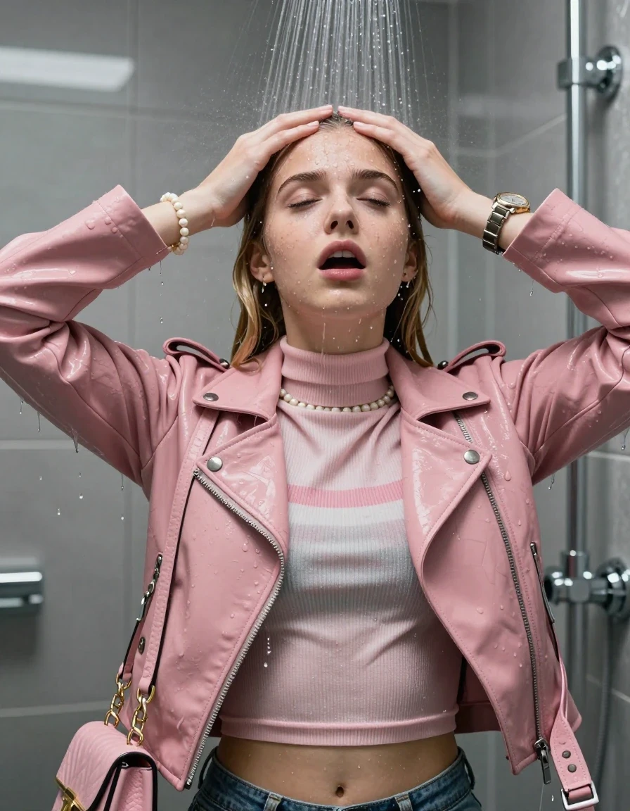 photo of young woman, in soaking wet, drenched clothes,
, , Light pink biker leatherjacket, tight striped knit turtleneck sweater belly free, handbag, pearl necklace, bracelet, wristwatch , Under the shower, strong jet of water, modern mirrored bathroom, 
enjoying, wet clothes stuck to body,
detailed textures of the wet clothes, wet face, wet plastered hair,
wet, drenched, professional, high-quality details, full body view.
sharp focus, ultra-high pixel detail, realistic, high-quality, full colors, incredibly detailed, 4k, 8k, 16k, hyper-realistic, RAW photo, masterpiece, ultra-detailed, professionally color graded, professional photograph, Blonde Sleek long straight hair with hairband

15 years old  teenage girl

Only head and shoulders are over the surface visible. Hold her hands over her forehead. Open mouth, closed eyes. Looking up.

she is completely underwater up to her neck, afraid and astonished expression. 

her submerged clothes are hardly vusible under water, she soaked her handbag into the water

close up view, wet skin, wet clothes, wet hair, damp fabric, water runs down the clothes, wet skin, wet clothes, damp fabric., wet skin, wet clothes, damp fabric, wet skin, wet clothes, damp fabric, wet skin, wet clothes, damp fabric
