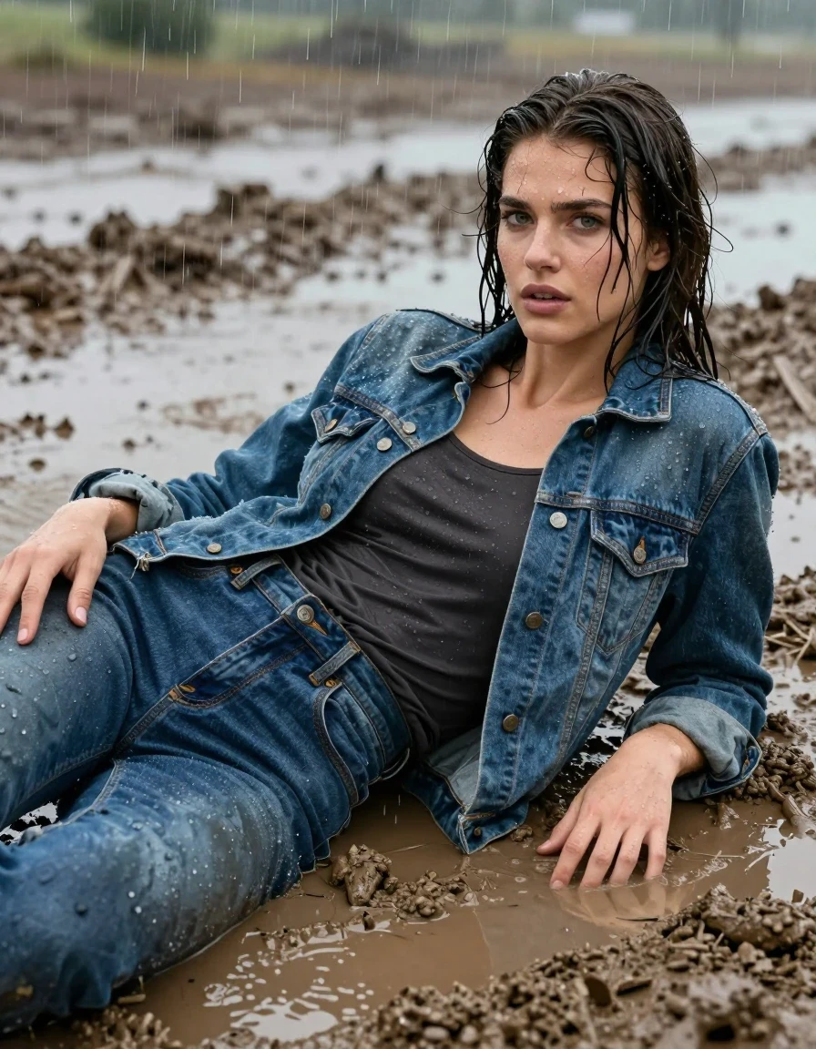 photo of young woman, in soaking wet, drenched clothes,
Jeans , Denim jacket shirt, Deep Mud pit rain, 
enjoying, wet clothes stuck to body,
detailed textures of the wet clothes, wet face, wet plastered hair,
wet, drenched, professional, high-quality details, full body view.
sharp focus, ultra-high pixel detail, realistic, high-quality, full colors, incredibly detailed, 4k, 8k, 16k, hyper-realistic, RAW photo, masterpiece, ultra-detailed, professionally color graded, professional photograph, Lying rain, wet skin, wet clothes, damp fabric