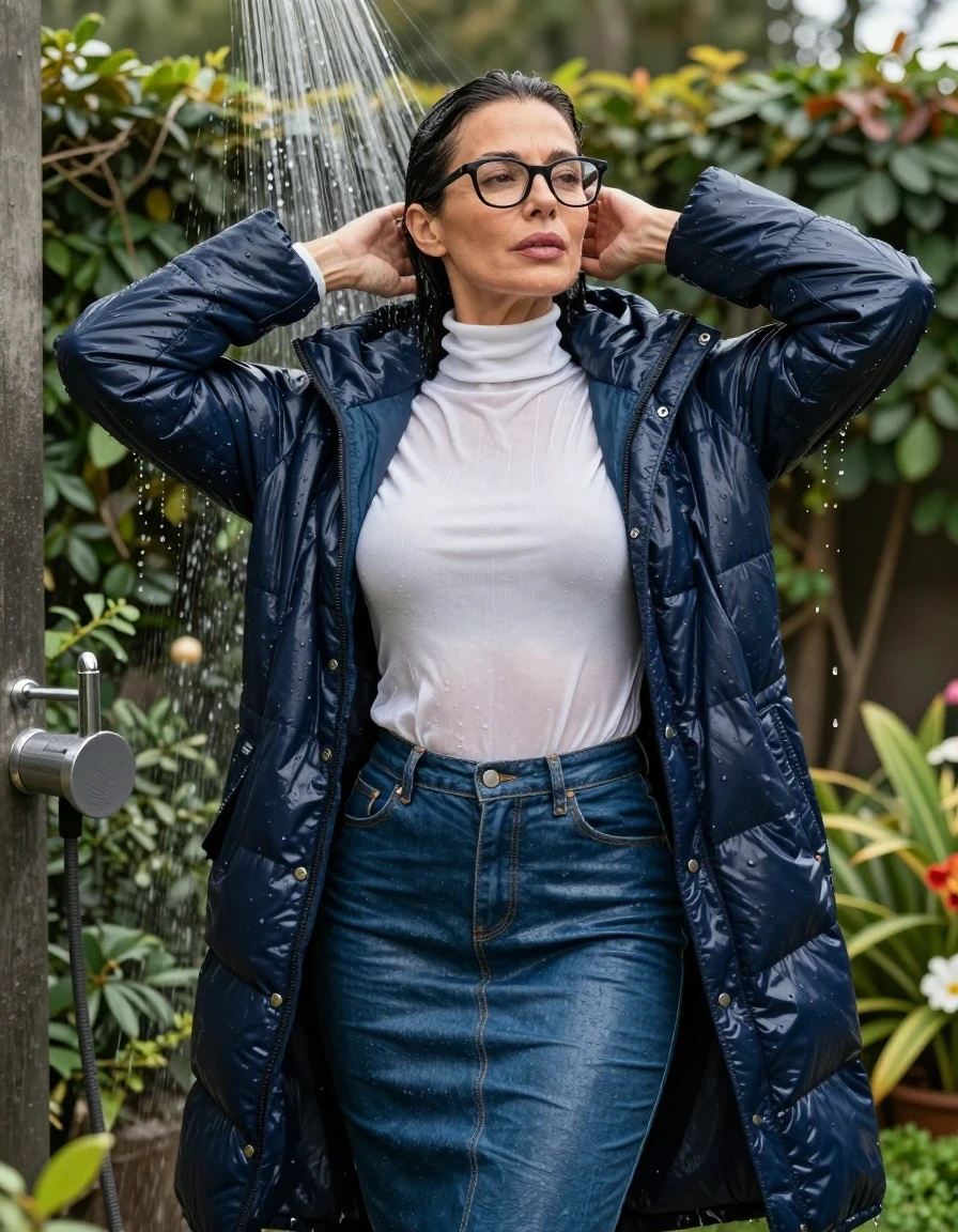 photo of young woman, in soaking wet, drenched clothes,
buts, long blue leather denim skirt, white high-neck sweater with long sleeves, maxi dark blue down jacket, takin shower in sunny garden, enjoying wet clothes stuck body, enjoying, wet clothes stuck to body, 
enjoying, wet clothes stuck to body,
detailed textures of the wet clothes, wet face, wet plastered hair,
wet, drenched, professional, high-quality details, full body view.
sharp focus, ultra-high pixel detail, realistic, high-quality, full colors, incredibly detailed, 4k, 8k, 16k, hyper-realistic, RAW photo, masterpiece, ultra-detailed, professionally color graded, professional photograph, europen brunette skinny woman 50 years old, long dark black hair, very big and thick lips,  office glasses, complete body, wet skin, wet clothes, damp fabric, wet skin, wet clothes, damp fabric, wet skin, wet clothes, damp fabric, wet skin, wet clothes, damp fabric, wet skin, wet clothes, damp fabric