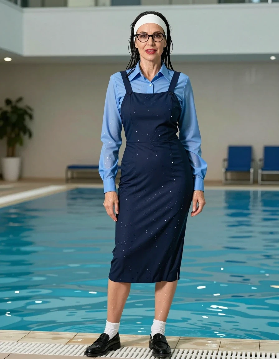 photo of young woman, in soaking wet, drenched clothes,
black shoes, white socks, school uniform with maxi dark blue school tight pinafore and blue shirt with long sleeves, school uniform with maxi dark blue school tight pinafore and blue shirt with long sleeves, after bath, indoor swimming pool, enjoying wet clothes stuck body, enjoying, wet clothes stuck to body, 
enjoying, wet clothes stuck to body,
detailed textures of the wet clothes, wet face, wet plastered hair,
wet, drenched, professional, high-quality details, full body view.
sharp focus, ultra-high pixel detail, realistic, high-quality, full colors, incredibly detailed, 4k, 8k, 16k, hyper-realistic, RAW photo, masterpiece, ultra-detailed, professionally color graded, professional photograph, europen brunette skinny woman 50 years old, long dark black hair, very big and thick lips,  office glasses, white headband, complete body, wet skin, wet clothes, damp fabric, wet skin, wet clothes, damp fabric, wet skin, wet clothes, damp fabric, wet skin, wet clothes, damp fabric, wet skin, wet clothes, damp fabric