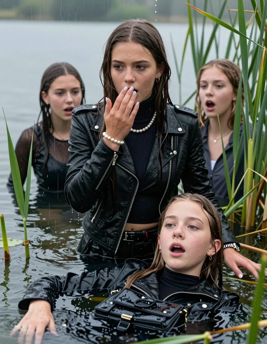 photo of young woman, in soaking wet, drenched clothes,
, , Black biker leatherjacket, tight turtleneck sweater with wide neckline belly free, handbag, pearl necklace, bracelet, wristwatch , Two 15-years-old teenage girls Emerging after diving in a lake with water lilies and reeds, rain , 
enjoying, wet clothes stuck to body,
detailed textures of the wet clothes, wet face, wet plastered hair,
wet, drenched, professional, high-quality details, full body view.
sharp focus, ultra-high pixel detail, realistic, high-quality, full colors, incredibly detailed, 4k, 8k, 16k, hyper-realistic, RAW photo, masterpiece, ultra-detailed, professionally color graded, professional photograph, Sleek long straight hair

15 years old  teenage girl

Laying her breast on the surface.  Looking slightly away. Hold her hand on her mouth. Open mouth, big eyes.

she is completely underwater up to her neck, afraid and astonished expression. 

The girls wear different clothes.

She hides in the reeds and is surprised by spectators

her submerged clothes are hardly vusible under water, she soaked her handbag into the water

close up view, wet skin, wet clothes, wet hair, damp fabric, water runs down the clothes, wet skin, wet clothes, damp fabric., wet skin, wet clothes, damp fabric, wet skin, wet clothes, damp fabric