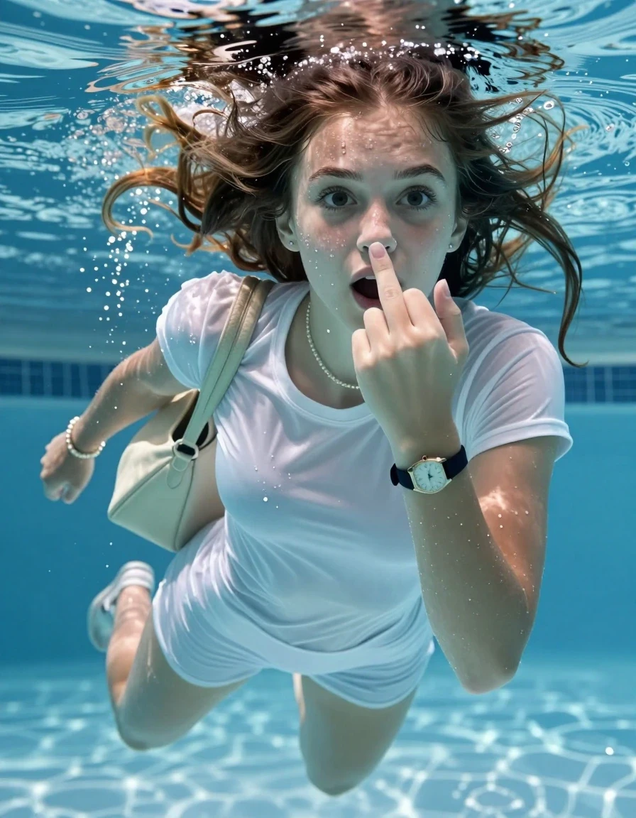 photo of young woman, in soaking wet, drenched clothes,
Heels, White mini , tight sexy tshirt with wide neckline belly free, shoulderbag, pearl necklace, bracelet, wristwatch , Swimming underwater in swimming pool, only head is visible over surface, 
enjoying, wet clothes stuck to body,
detailed textures of the wet clothes, wet face, wet plastered hair,
wet, drenched, professional, high-quality details, full body view.
sharp focus, ultra-high pixel detail, realistic, high-quality, full colors, incredibly detailed, 4k, 8k, 16k, hyper-realistic, RAW photo, masterpiece, ultra-detailed, professionally color graded, professional photograph, sleek long straight hair  

15 years old  teenage girl

Covers her nose with one hand. Shows the middle finger with one hand. Looking slightly away. Open mouth, big eyes.

she is completely underwater up to her neck, afraid and astonished expression. 

Swimming movements with Arms and legs. Breast swimming.

her submerged clothes are hardly vusible under water, she soaked her handbag into the water

close up view, wet skin, wet clothes, wet hair, damp fabric, water runs down the clothes, wet skin, wet clothes, damp fabric, wet skin, wet clothes, damp fabric, wet skin, wet clothes, damp fabric, wet skin, wet clothes, damp fabric, wet skin, wet clothes, damp fabric, wet skin, wet clothes, damp fabric, wet skin, wet clothes, damp fabric, wet skin, wet clothes, damp fabric, wet skin, wet clothes, damp fabric, wet skin, wet clothes, damp fabric, wet skin, wet clothes, damp fabric, wet skin, wet clothes, damp fabric, wet skin, wet clothes, damp fabric, wet skin, wet clothes, damp fabric, wet skin, wet clothes, damp fabric, wet skin, wet clothes, damp fabric, wet skin, wet clothes, damp fabric, wet skin, wet clothes, damp fabric, wet skin, wet clothes, damp fabric, wet skin, wet clothes, damp fabric, wet skin, wet clothes, damp fabric, wet skin, wet clothes, damp fabric, wet skin, wet clothes, damp fabric, wet skin, wet clothes, damp fabric