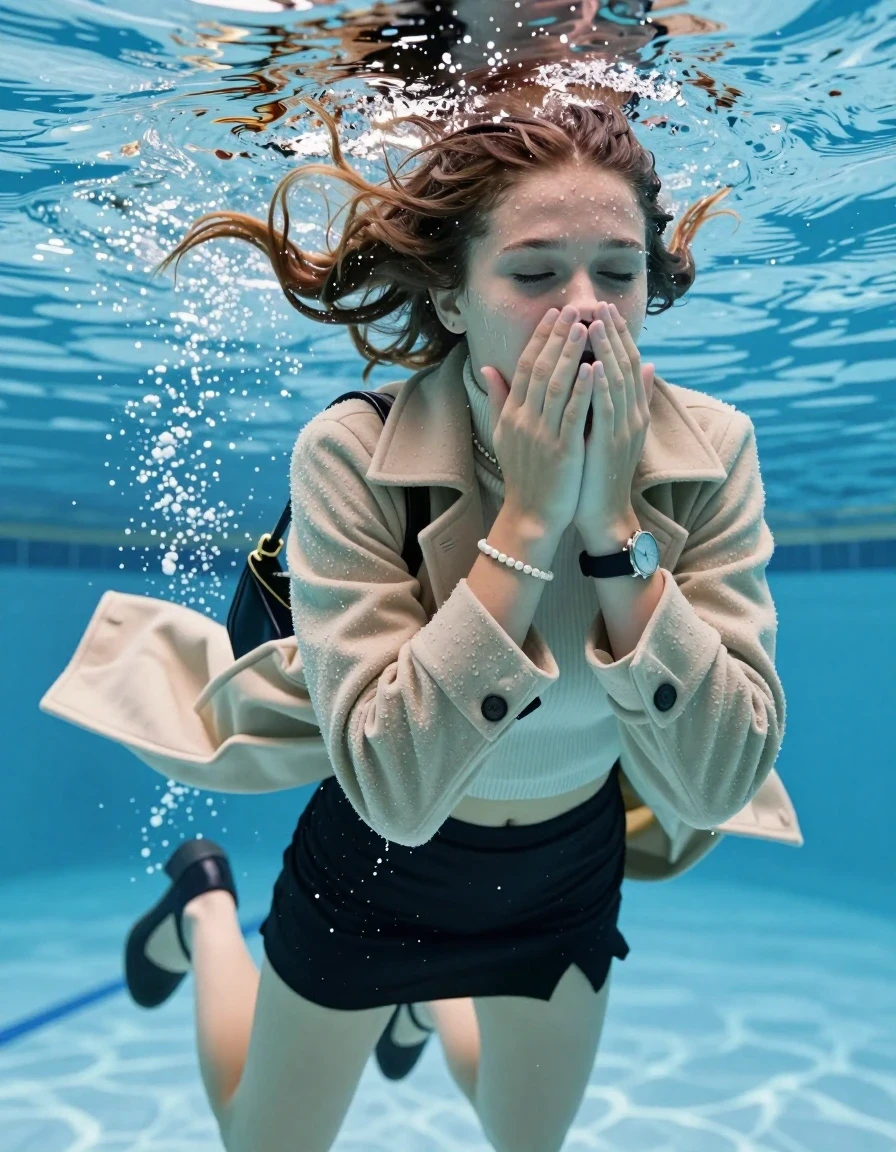 photo of young woman, in soaking wet, drenched clothes,
Heels, Black mini skirt, Beige woolen winter coat, tight knit turtleneck sweater belly free, shoulderbag, pearl necklace, bracelet, wristwatch , Swimming half submerged underwater in swimming pool , 
enjoying, wet clothes stuck to body,
detailed textures of the wet clothes, wet face, wet plastered hair,
wet, drenched, professional, high-quality details, full body view.
sharp focus, ultra-high pixel detail, realistic, high-quality, full colors, incredibly detailed, 4k, 8k, 16k, hyper-realistic, RAW photo, masterpiece, ultra-detailed, professionally color graded, professional photograph, Two sleek long braids

15 years old  teenage girl

Covers her nose with her hands. Looking slightly away. Open mouth, closed  eyes.

she is completely underwater up to her neck, afraid and astonished expression. 

Swimming movements with Arms and legs. Breast swimming.

her submerged clothes are hardly vusible under water, she soaked her handbag into the water

close up view, wet skin, wet clothes, wet hair, damp fabric, water runs down the clothes, wet skin, wet clothes, damp fabric, wet skin, wet clothes, damp fabric, wet skin, wet clothes, damp fabric, wet skin, wet clothes, damp fabric, wet skin, wet clothes, damp fabric, wet skin, wet clothes, damp fabric, wet skin, wet clothes, damp fabric, wet skin, wet clothes, damp fabric, wet skin, wet clothes, damp fabric, wet skin, wet clothes, damp fabric, wet skin, wet clothes, damp fabric, wet skin, wet clothes, damp fabric, wet skin, wet clothes, damp fabric, wet skin, wet clothes, damp fabric, wet skin, wet clothes, damp fabric, wet skin, wet clothes, damp fabric, wet skin, wet clothes, damp fabric, wet skin, wet clothes, damp fabric, wet skin, wet clothes, damp fabric, wet skin, wet clothes, damp fabric, wet skin, wet clothes, damp fabric, wet skin, wet clothes, damp fabric