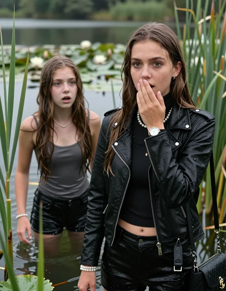 photo of young woman, in soaking wet, drenched clothes,
, , Black biker leatherjacket, tight turtleneck sweater with wide neckline belly free, handbag, pearl necklace, bracelet, wristwatch , Two 15-years-old teenage girls Emerging after diving in a lake with water lilies and reeds, 
enjoying, wet clothes stuck to body,
detailed textures of the wet clothes, wet face, wet plastered hair,
wet, drenched, professional, high-quality details, full body view.
sharp focus, ultra-high pixel detail, realistic, high-quality, full colors, incredibly detailed, 4k, 8k, 16k, hyper-realistic, RAW photo, masterpiece, ultra-detailed, professionally color graded, professional photograph, Sleek long straight hair

15 years old  teenage girl.

Looking slightly away. Hold her hand on her mouth. Open mouth, big eyes.

she is completely underwater up to her neck, afraid and astonished expression. 

The girls wear different clothes.

She hides in the reeds and is surprised by spectators

her submerged clothes are hardly vusible under water, she soaked her handbag into the water

close up view, wet skin, wet clothes, wet hair, damp fabric, water runs down the clothes, wet skin, wet clothes, damp fabric., wet skin, wet clothes, damp fabric, wet skin, wet clothes, damp fabric