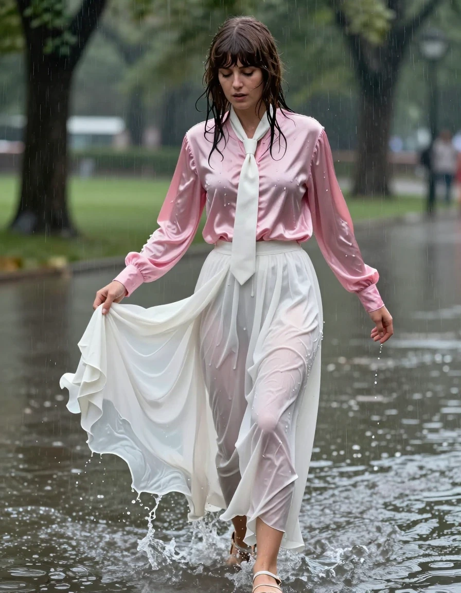 photo of young woman, in soaking wet, drenched clothes,
sandals, too long floor-length long silk white skirt, Beatles haired woman: oversized pink long-sleeved satin blouse with white necktie, flooded park during a storm, 
enjoying, wet clothes stuck to body,
detailed textures of the wet clothes, wet face, wet plastered hair,
wet, drenched, professional, high-quality details, full body view.
sharp focus, ultra-high pixel detail, realistic, high-quality, full colors, incredibly detailed, 4k, 8k, 16k, hyper-realistic, RAW photo, masterpiece, ultra-detailed, professionally color graded, professional photograph, tripping in the hem of her skirt, clumsily falling to the water, wet skin, wet clothes, damp fabric