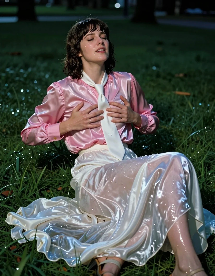 A photorealistic, high-detail shot of a young adult European woman with a Beatles-style haircut, laying in the wet grass of a public park at night. She is wearing an oversized pink long-sleeved satin blouse with a white necktie and an excessively long floor-length silk white skirt, both garments clinging to her body in a state of heavy dampness, fabric darkened and translucent where saturated, clinging to her form with visible folds and water sheen. She is wearing sandals on her feet. Her skin is glistening with moisture, hair damp and slightly matted, skin glowing under moonlight. She is captured in an intimate, expressive moment of intense pleasure, massaging her breasts with her hands, face flushed and eyes closed in an expression of ecstasy. The environment is a dark, lush park at night with dew-covered grass, soft ambient moonlight creating specular highlights on her wet skin and the slick surfaces of her soaked clothing. Cinematic lighting, sharp focus on the subject, 8k resolution, highly detailed texture of wet silk and satin, realistic anatomy, moisture-rich atmosphere.