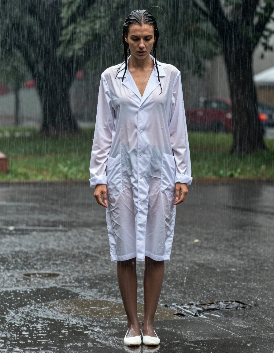 photo of young woman, in soaking wet, drenched clothes,
White Flats, brown Pantyhose,  , White long undercoat, , 
enjoying, wet clothes stuck to body,
detailed textures of the wet clothes, wet face, wet plastered hair,
wet, drenched, professional, high-quality details, full body view.
sharp focus, ultra-high pixel detail, realistic, high-quality, full colors, incredibly detailed, 4k, 8k, 16k, hyper-realistic, RAW photo, masterpiece, ultra-detailed, professionally color graded, professional photograph, Extremely slender girl is standing in very heavy Rainstorm. She is completely soaked from head to toe. Water runs over her body, and the dress clings to her., wet skin, wet clothes, damp fabric