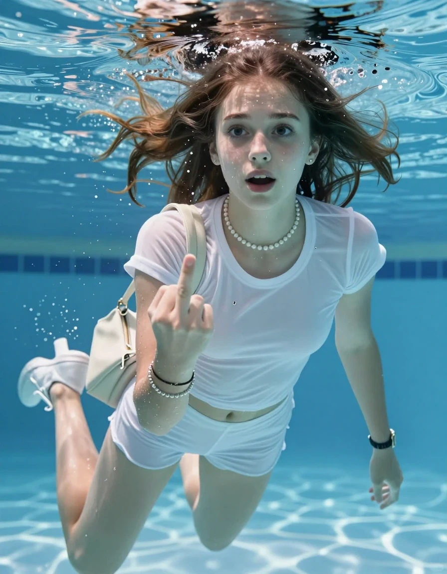 photo of young woman, in soaking wet, drenched clothes,
Heels, White mini , tight sexy tshirt with wide neckline belly free, shoulderbag, pearl necklace, bracelet, wristwatch , Swimming underwater in swimming pool, only head is visible over surface, 
enjoying, wet clothes stuck to body,
detailed textures of the wet clothes, wet face, wet plastered hair,
wet, drenched, professional, high-quality details, full body view.
sharp focus, ultra-high pixel detail, realistic, high-quality, full colors, incredibly detailed, 4k, 8k, 16k, hyper-realistic, RAW photo, masterpiece, ultra-detailed, professionally color graded, professional photograph, sleek long straight hair  

15 years old  teenage girl

Shows the middle finger with one hand. Looking slightly away. Open mouth, big eyes.

she is completely underwater up to her neck, afraid and astonished expression. 

Swimming movements with Arms and legs. Breast swimming.

her submerged clothes are hardly vusible under water, she soaked her handbag into the water

close up view, wet skin, wet clothes, wet hair, damp fabric, water runs down the clothes, wet skin, wet clothes, damp fabric, wet skin, wet clothes, damp fabric, wet skin, wet clothes, damp fabric, wet skin, wet clothes, damp fabric, wet skin, wet clothes, damp fabric, wet skin, wet clothes, damp fabric, wet skin, wet clothes, damp fabric, wet skin, wet clothes, damp fabric, wet skin, wet clothes, damp fabric, wet skin, wet clothes, damp fabric, wet skin, wet clothes, damp fabric, wet skin, wet clothes, damp fabric, wet skin, wet clothes, damp fabric, wet skin, wet clothes, damp fabric, wet skin, wet clothes, damp fabric, wet skin, wet clothes, damp fabric, wet skin, wet clothes, damp fabric, wet skin, wet clothes, damp fabric, wet skin, wet clothes, damp fabric, wet skin, wet clothes, damp fabric, wet skin, wet clothes, damp fabric, wet skin, wet clothes, damp fabric, wet skin, wet clothes, damp fabric, wet skin, wet clothes, damp fabric
