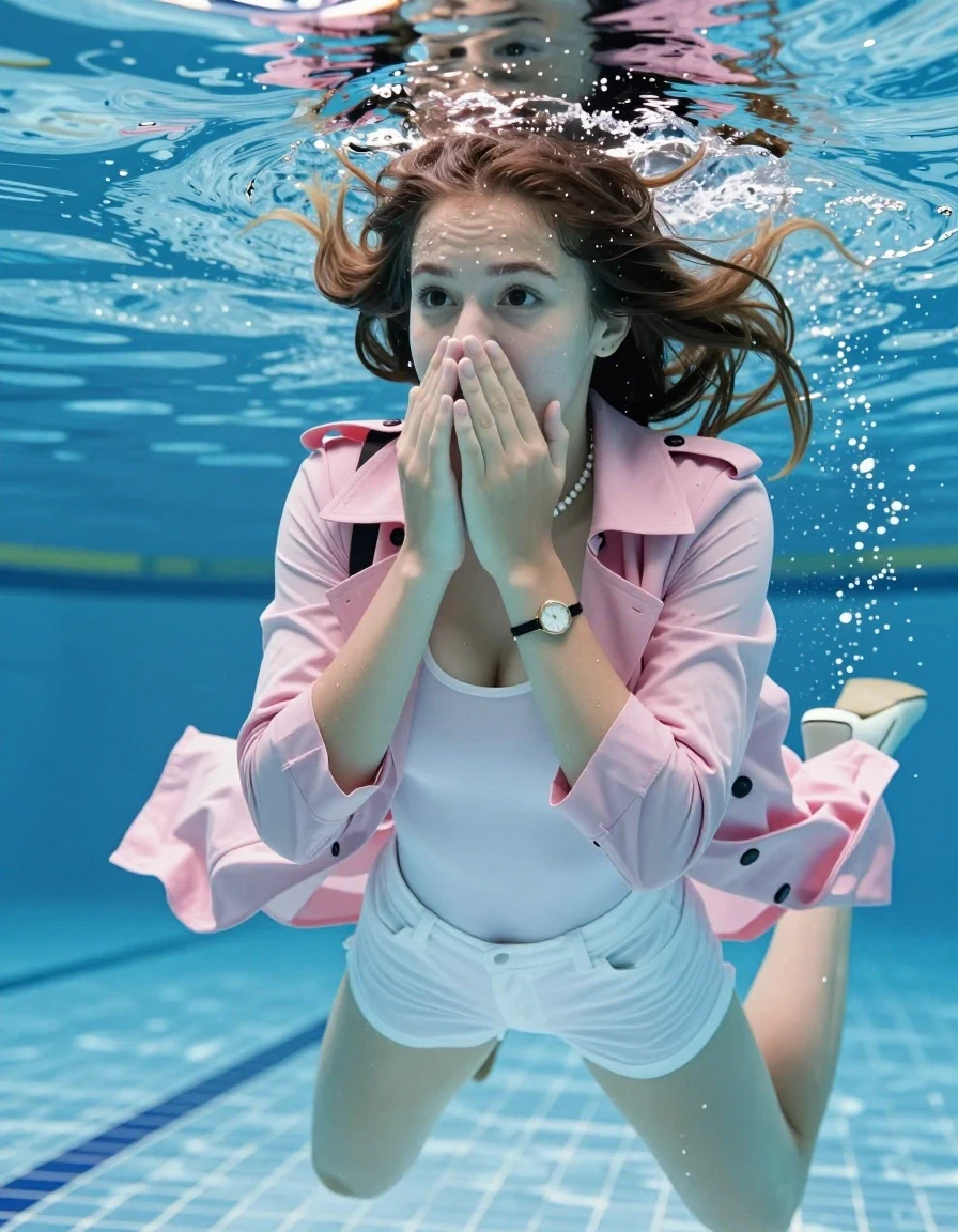 photo of young woman, in soaking wet, drenched clothes,
Heels, White mini , Pink trenchcoat, tight sexy tshirt with wide neckline belly free, shoulderbag, pearl necklace, bracelet, wristwatch , Swimming underwater in swimming pool, only head is visible over surface, 
enjoying, wet clothes stuck to body,
detailed textures of the wet clothes, wet face, wet plastered hair,
wet, drenched, professional, high-quality details, full body view.
sharp focus, ultra-high pixel detail, realistic, high-quality, full colors, incredibly detailed, 4k, 8k, 16k, hyper-realistic, RAW photo, masterpiece, ultra-detailed, professionally color graded, professional photograph, sleek long straight hair 

15 years old  teenage girl

Covers her nose with her hands. Looking slightly away. Open mouth, big eyes.

she is completely underwater up to her neck, afraid and astonished expression. 

Swimming movements with Arms and legs. Breast swimming.

her submerged clothes are hardly vusible under water, she soaked her handbag into the water

close up view, wet skin, wet clothes, wet hair, damp fabric, water runs down the clothes, wet skin, wet clothes, damp fabric, wet skin, wet clothes, damp fabric, wet skin, wet clothes, damp fabric, wet skin, wet clothes, damp fabric, wet skin, wet clothes, damp fabric, wet skin, wet clothes, damp fabric, wet skin, wet clothes, damp fabric, wet skin, wet clothes, damp fabric, wet skin, wet clothes, damp fabric, wet skin, wet clothes, damp fabric, wet skin, wet clothes, damp fabric, wet skin, wet clothes, damp fabric, wet skin, wet clothes, damp fabric, wet skin, wet clothes, damp fabric, wet skin, wet clothes, damp fabric, wet skin, wet clothes, damp fabric, wet skin, wet clothes, damp fabric, wet skin, wet clothes, damp fabric, wet skin, wet clothes, damp fabric, wet skin, wet clothes, damp fabric, wet skin, wet clothes, damp fabric, wet skin, wet clothes, damp fabric, wet skin, wet clothes, damp fabric, wet skin, wet clothes, damp fabric
