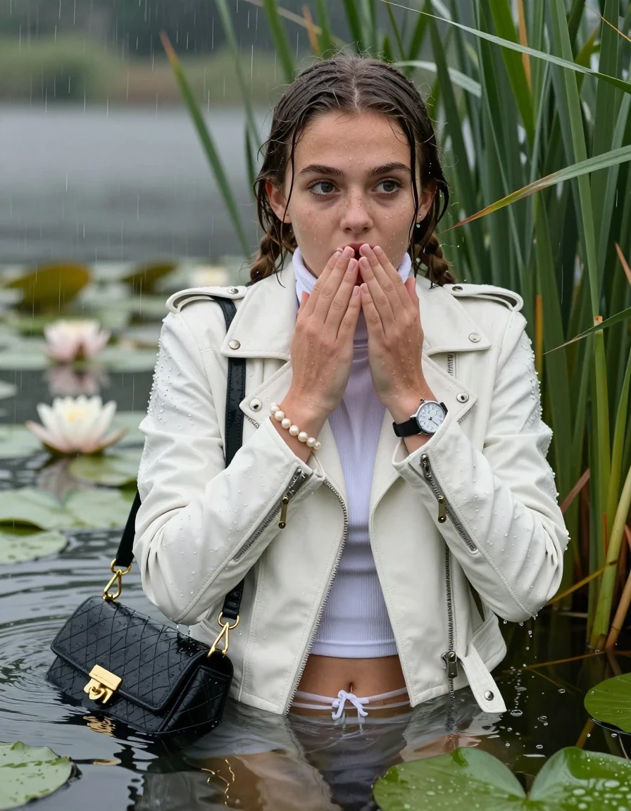 photo of young woman, in soaking wet, drenched clothes,
, , White biker leatherjacket, tight turtleneck sweater with wide neckline belly free, handbag, pearl necklace, bracelet, wristwatch , Emerging after diving in a lake with water lilies and reeds, rain , 
enjoying, wet clothes stuck to body,
detailed textures of the wet clothes, wet face, wet plastered hair,
wet, drenched, professional, high-quality details, full body view.
sharp focus, ultra-high pixel detail, realistic, high-quality, full colors, incredibly detailed, 4k, 8k, 16k, hyper-realistic, RAW photo, masterpiece, ultra-detailed, professionally color graded, professional photograph, Pigtails

15 years old  teenage girl

Laying her breast on the surface.  Looking slightly away. Hold her hands on her mouth.Open mouth, big eyes.

she is completely underwater up to her neck, afraid and astonished expression. 

She hides in the reeds and is surprised by spectators

her submerged clothes are hardly vusible under water, she soaked her handbag into the water

close up view, wet skin, wet clothes, wet hair, damp fabric, water runs down the clothes, wet skin, wet clothes, damp fabric., wet skin, wet clothes, damp fabric, wet skin, wet clothes, damp fabric