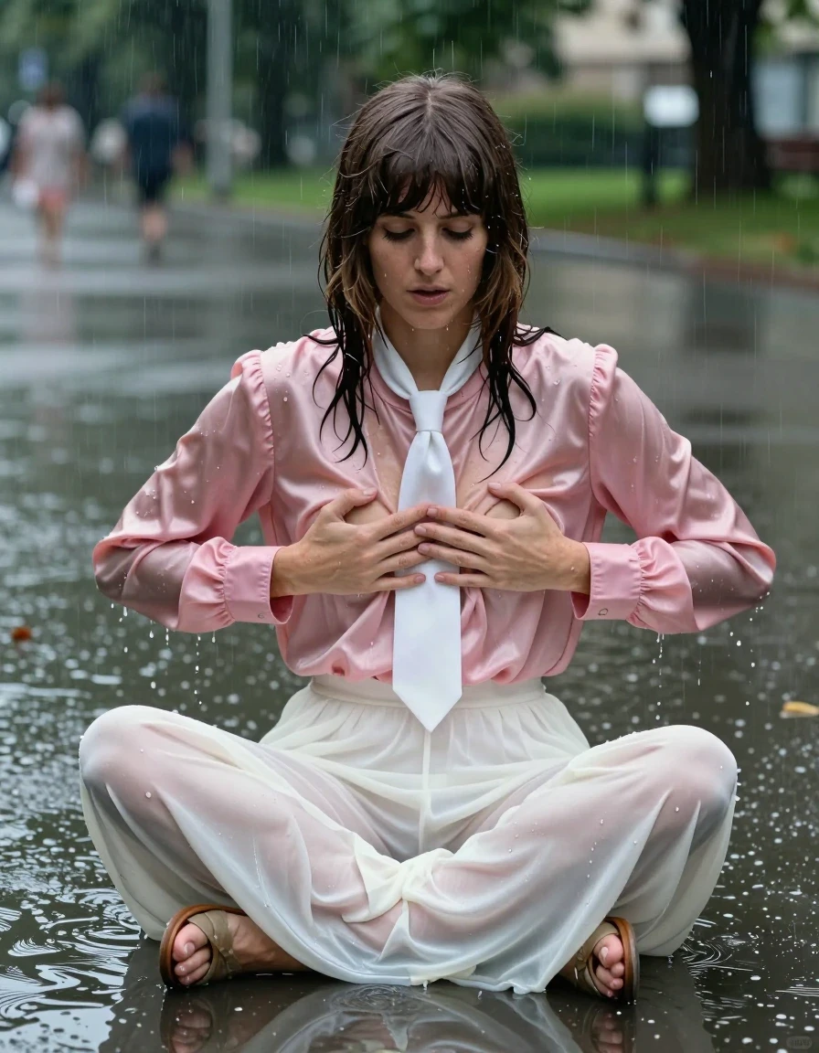 photo of young woman, in soaking wet, drenched clothes,
sandals, too long floor-length long silk white skirt, Beatles haired woman: oversized pink long-sleeved satin blouse with white necktie, flooded park during a storm, 
enjoying, wet clothes stuck to body,
detailed textures of the wet clothes, wet face, wet plastered hair,
wet, drenched, professional, high-quality details, full body view.
sharp focus, ultra-high pixel detail, realistic, high-quality, full colors, incredibly detailed, 4k, 8k, 16k, hyper-realistic, RAW photo, masterpiece, ultra-detailed, professionally color graded, professional photograph, having an orgasm while sitting in a puddle, massaging her breast, wet skin, wet clothes, damp fabric