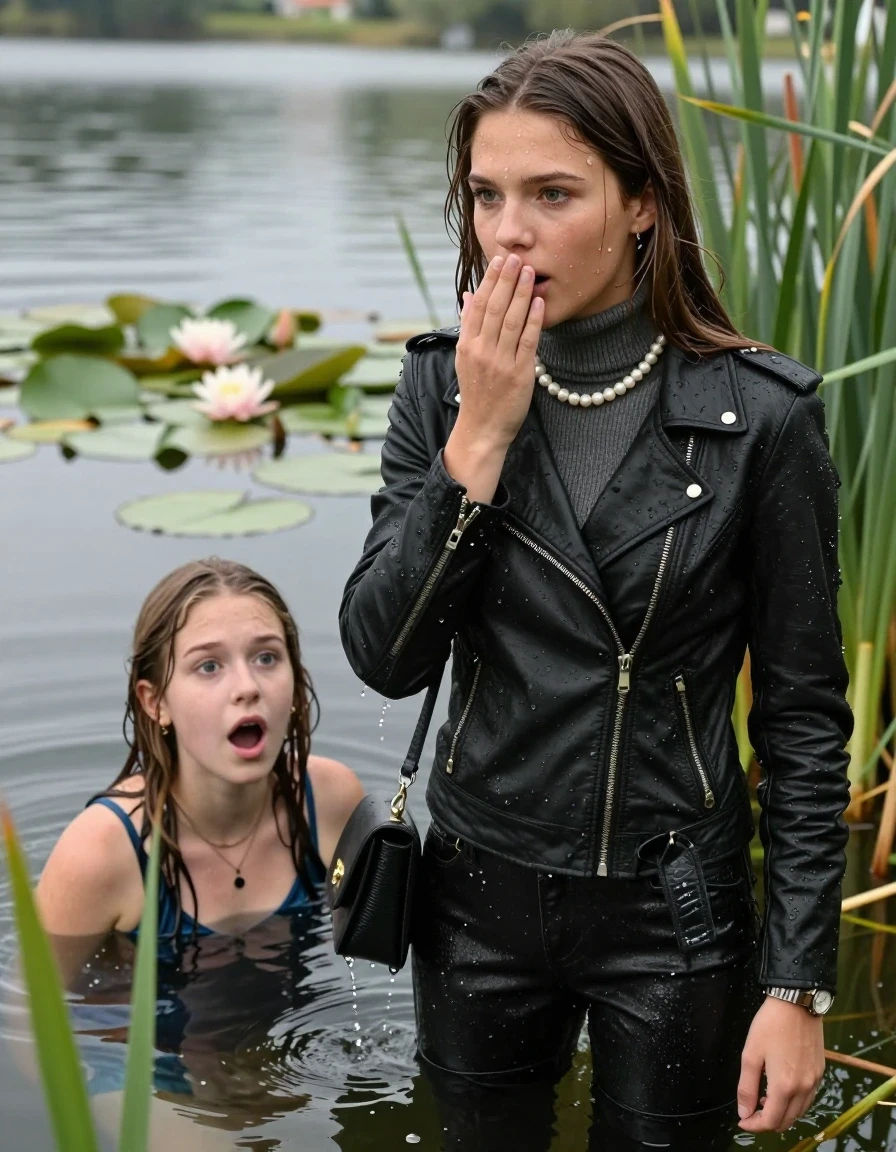 photo of young woman, in soaking wet, drenched clothes,
, , Black biker leatherjacket, tight turtleneck sweater with wide neckline belly free, handbag, pearl necklace, bracelet, wristwatch , Two 15-years-old teenage girls Emerging after diving in a lake with water lilies and reeds, 
enjoying, wet clothes stuck to body,
detailed textures of the wet clothes, wet face, wet plastered hair,
wet, drenched, professional, high-quality details, full body view.
sharp focus, ultra-high pixel detail, realistic, high-quality, full colors, incredibly detailed, 4k, 8k, 16k, hyper-realistic, RAW photo, masterpiece, ultra-detailed, professionally color graded, professional photograph, Sleek long straight hair

15 years old  teenage girl.

Looking slightly away. Hold her hand on her mouth. Open mouth, big eyes.

she is completely underwater up to her neck, afraid and astonished expression. 

The girls wear different clothes.

She hides in the reeds and is surprised by spectators

her submerged clothes are hardly vusible under water, she soaked her handbag into the water

close up view, wet skin, wet clothes, wet hair, damp fabric, water runs down the clothes, wet skin, wet clothes, damp fabric., wet skin, wet clothes, damp fabric, wet skin, wet clothes, damp fabric
